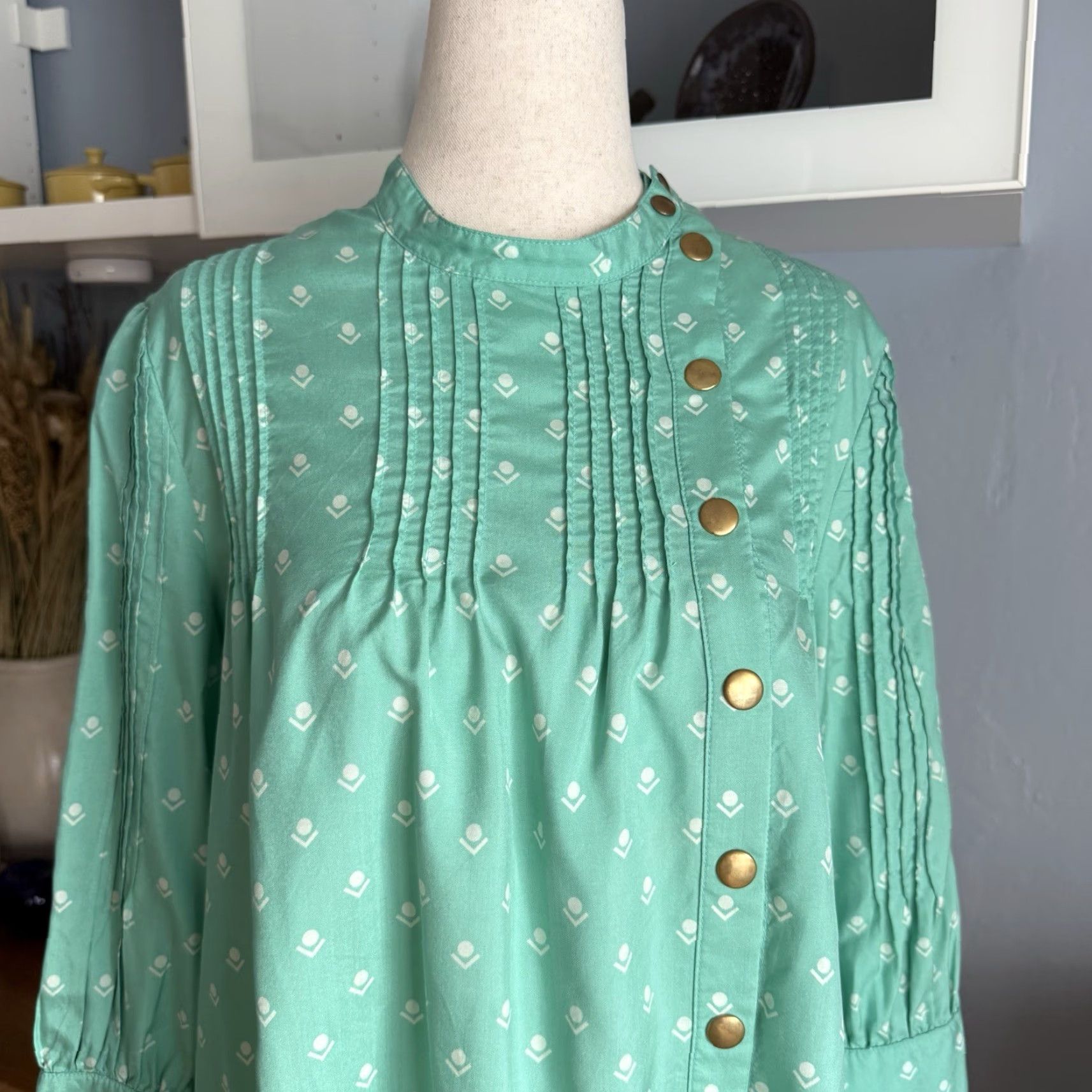 Vintage Lauren Moffett Pintuck Silk Geo Tulip Printed Blouse Teal Size M Size M / US 6-8 / IT 42-44 - 2 Thumbnail