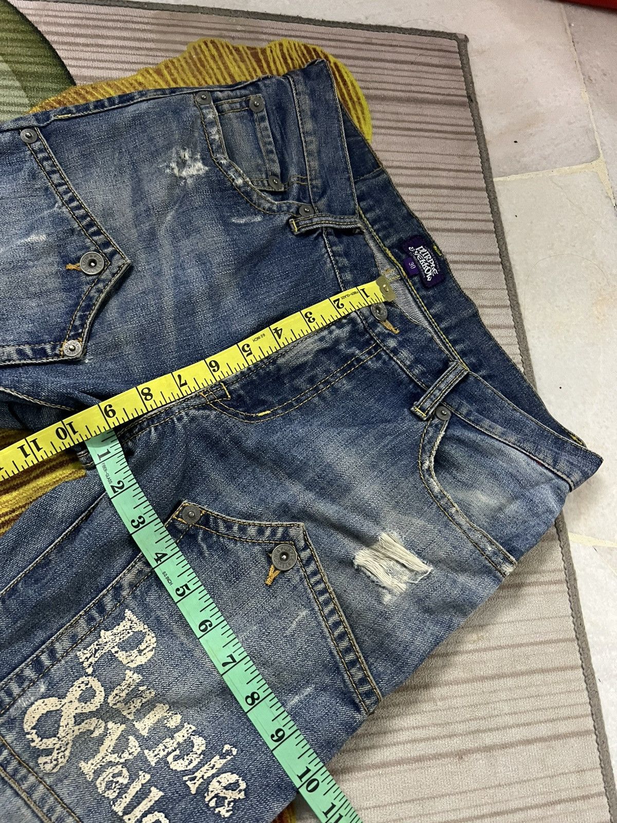 Japanese Brand 💥Twist Leg💥Purple & Yellow Distress Backle Back Flare Jean Size US 31 - 5 Thumbnail