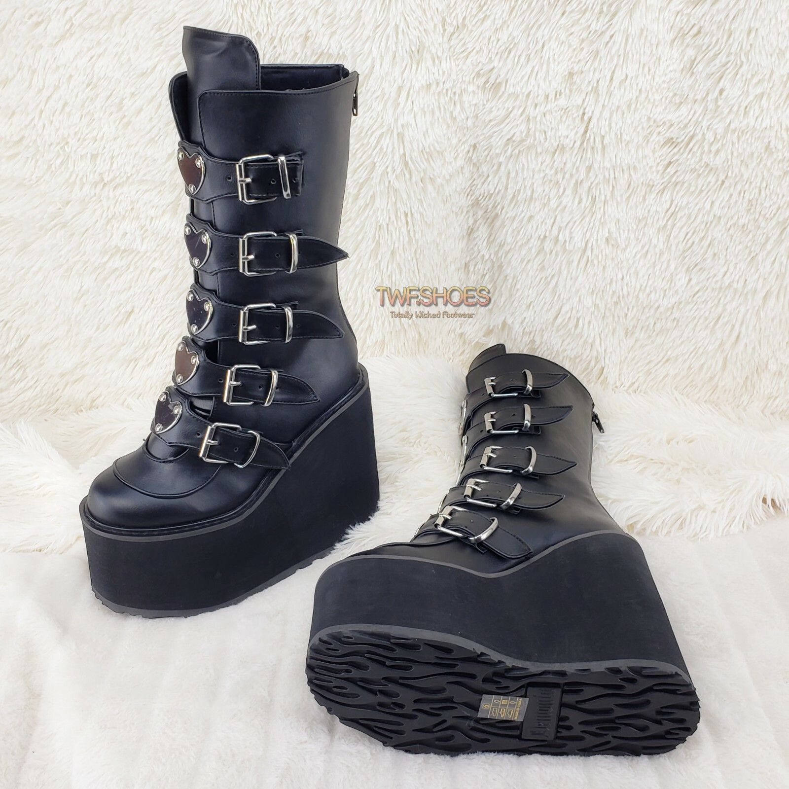 Demonia Cult DEMONIA Swing 230 Black Mid Calf Boot 5.5" Platform Heart St Size US 10 / IT 40 - 2 Thumbnail