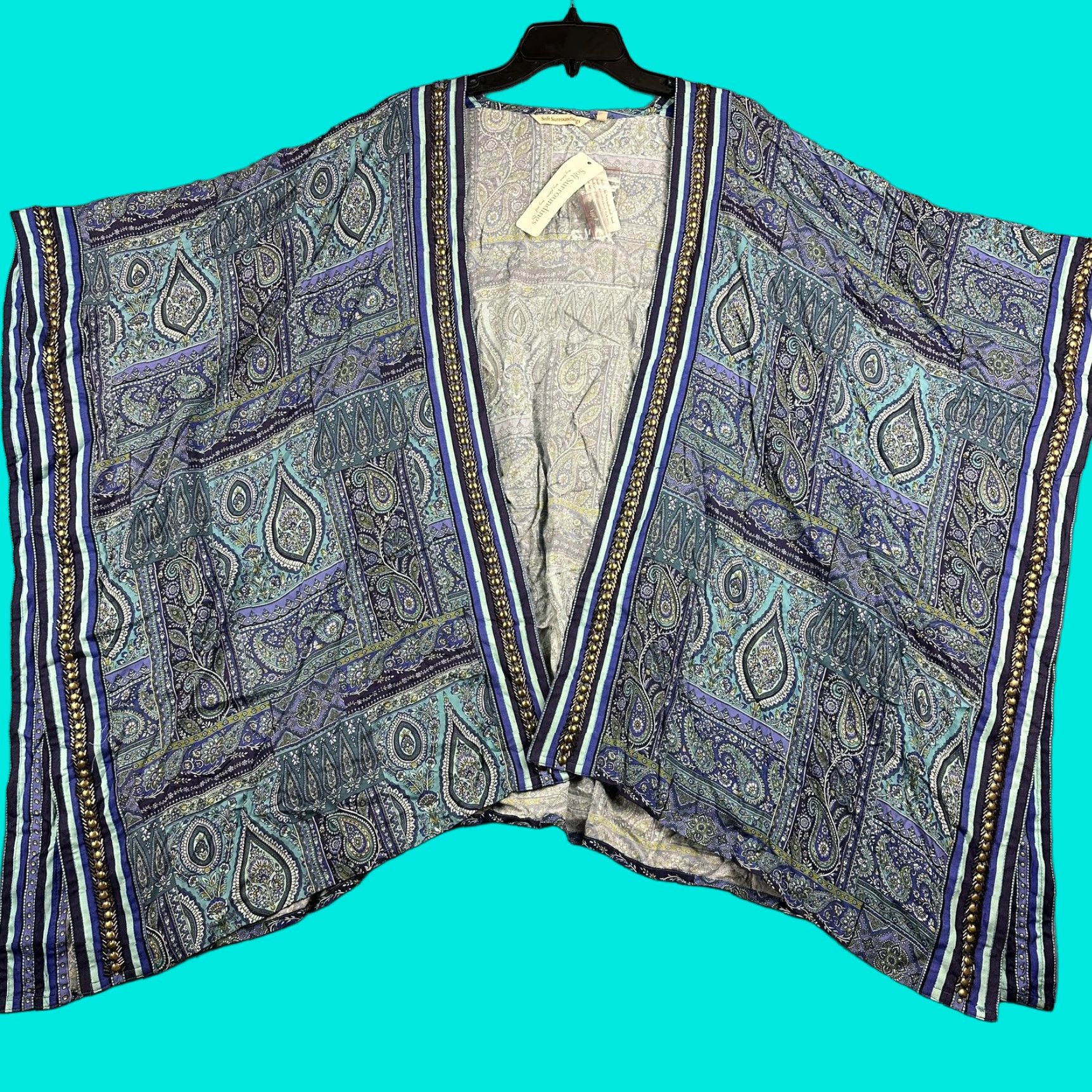 Soft Surroundings Soft Surroundings Jinda Kimono Jacket Womens L/XL Blue Paisley Beaded Boho NWT Size L / US 10 / IT 46 - 1 Thumbnail