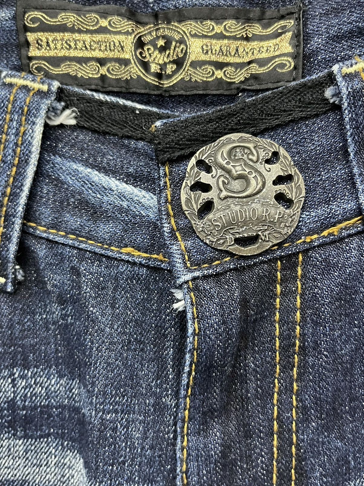 STUDIOUS FYE🔥STUDIO RP Punk Skull Patches Whiskered Blue Flare Denim Size US 28 / EU 44 - 12 Thumbnail