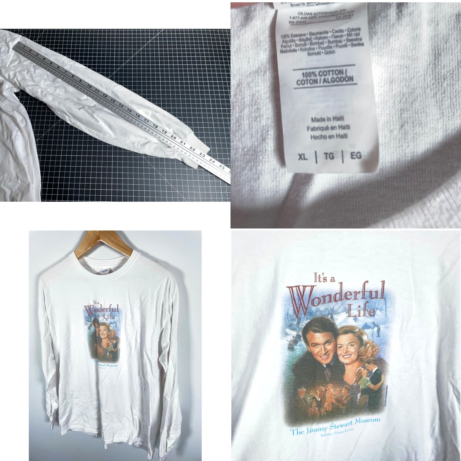 Gildan VINTAGE It's a Wonderful Life T-Shirt Adult XL Long Sleeve 1998 Jimmy Stewart Museum White Cotton Graphic Print Christmas Holiday Movie 90s Mens Size US XL / EU 56 / 4 - 8 Thumbnail