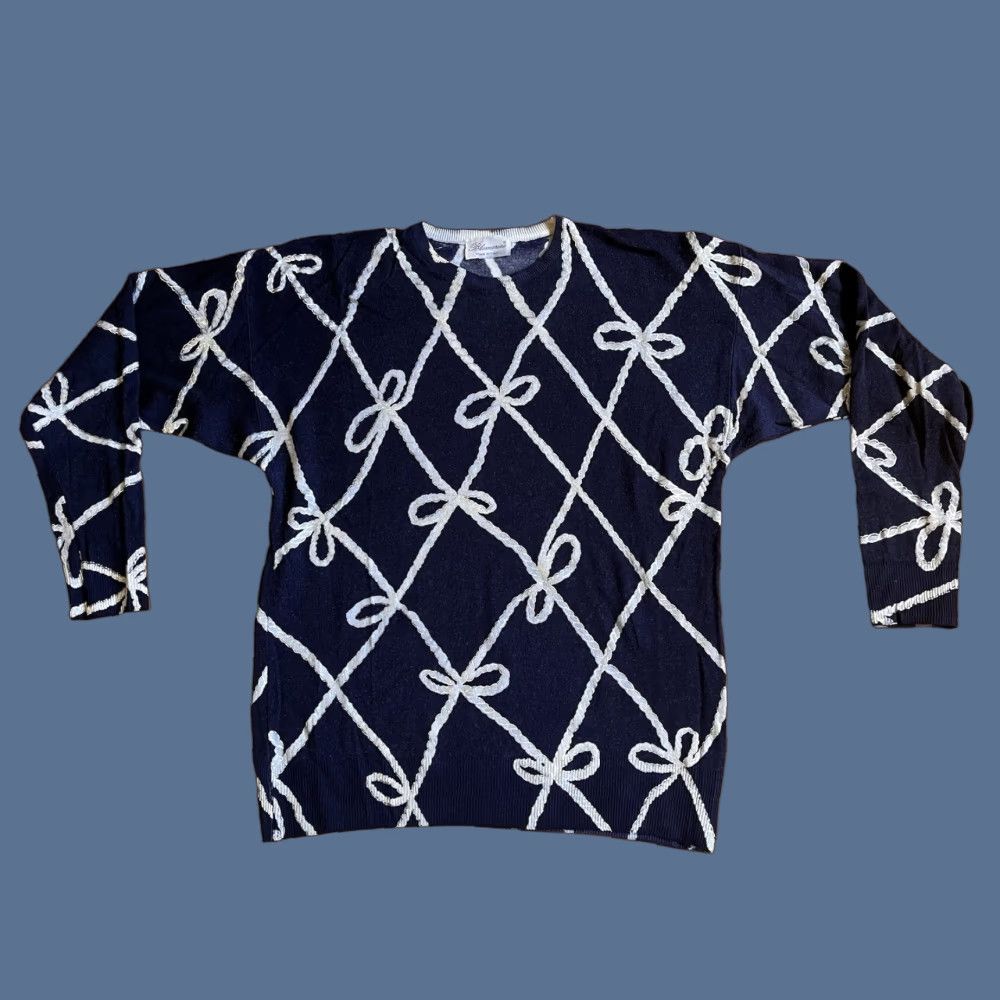Blumarine VINTAGE Blumarine Bow Knot All Over Print Wool Sweater Women’s L Blue Italy Size L / US 10 / IT 46 - 1 Thumbnail