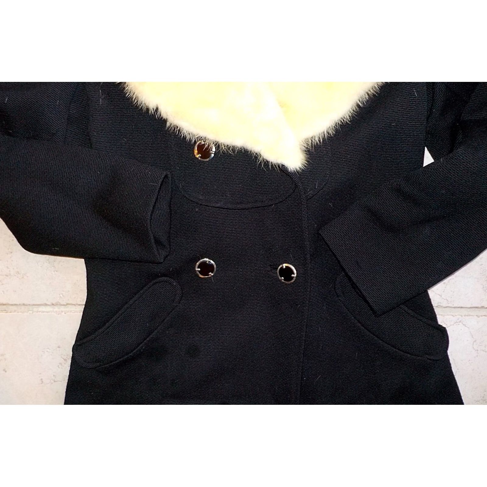 Vintage VTG Jackie O Stroller Coat Black Wool Mink Trimmed Double Breasted Size:2-4? Small Womens Jacket/Coat 3/4 Sleeve Knee Length Retro 50-60s Vintage Size XS / US 0-2 / IT 36-38 - 4 Thumbnail