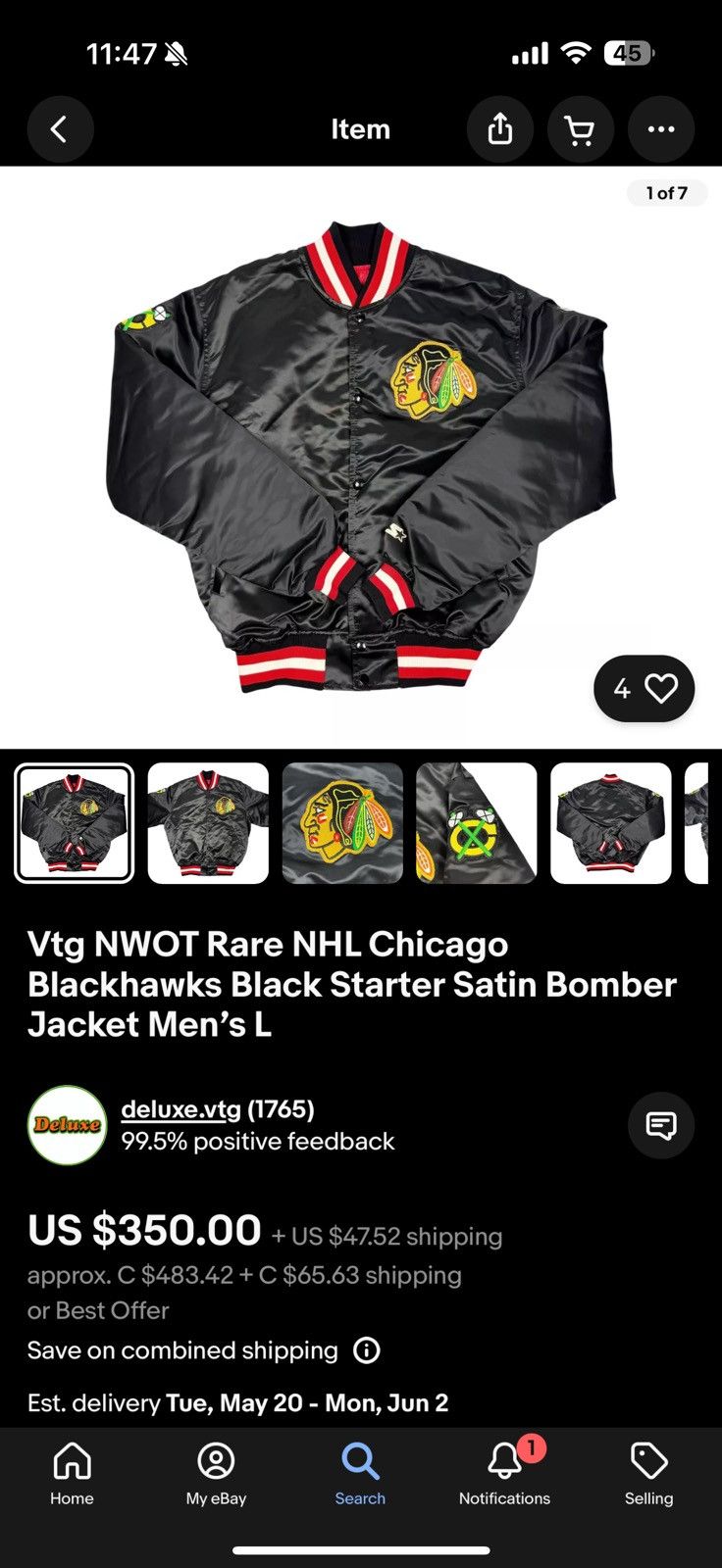 Starter Vintage Starter NHL Chicago Blackhawks Satin Bomber Jacket Size US M / EU 48-50 / 2 - 7 Thumbnail