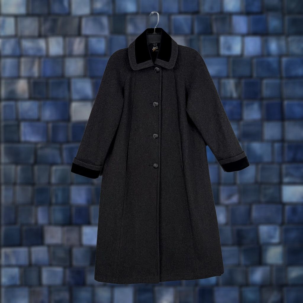 Velvet VINTAGE JAD Coat Womens 6 Gray Wool Long Trench Velvet Collar Cuff USA 80s 90s Size M / US 6-8 / IT 42-44 - 1 Thumbnail