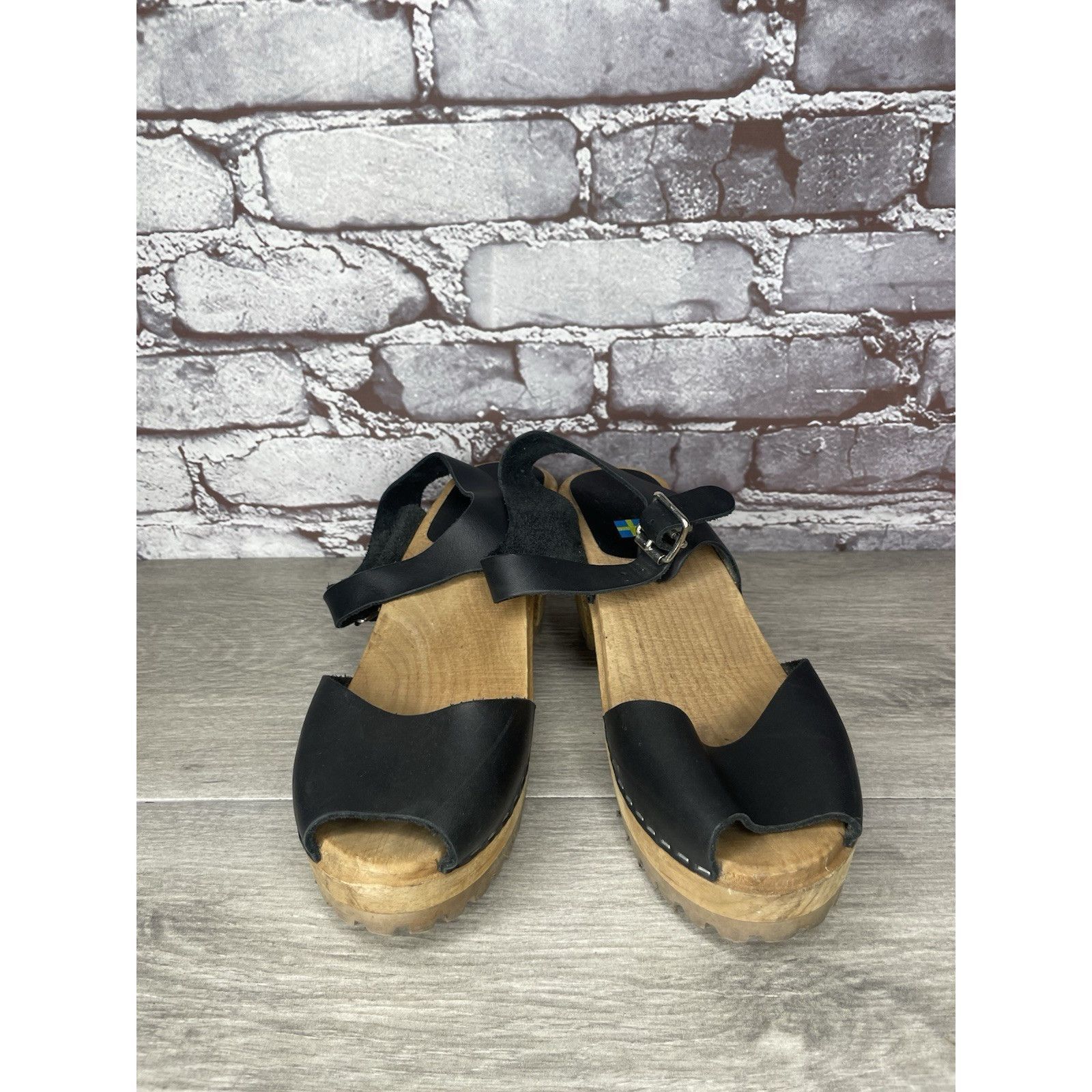 Swedish Hasbeens Swedish Hasbeens Black Leather Wooden Heel Peep Toe Ankle St Size US 7.5 / IT 37.5 - 11 Thumbnail