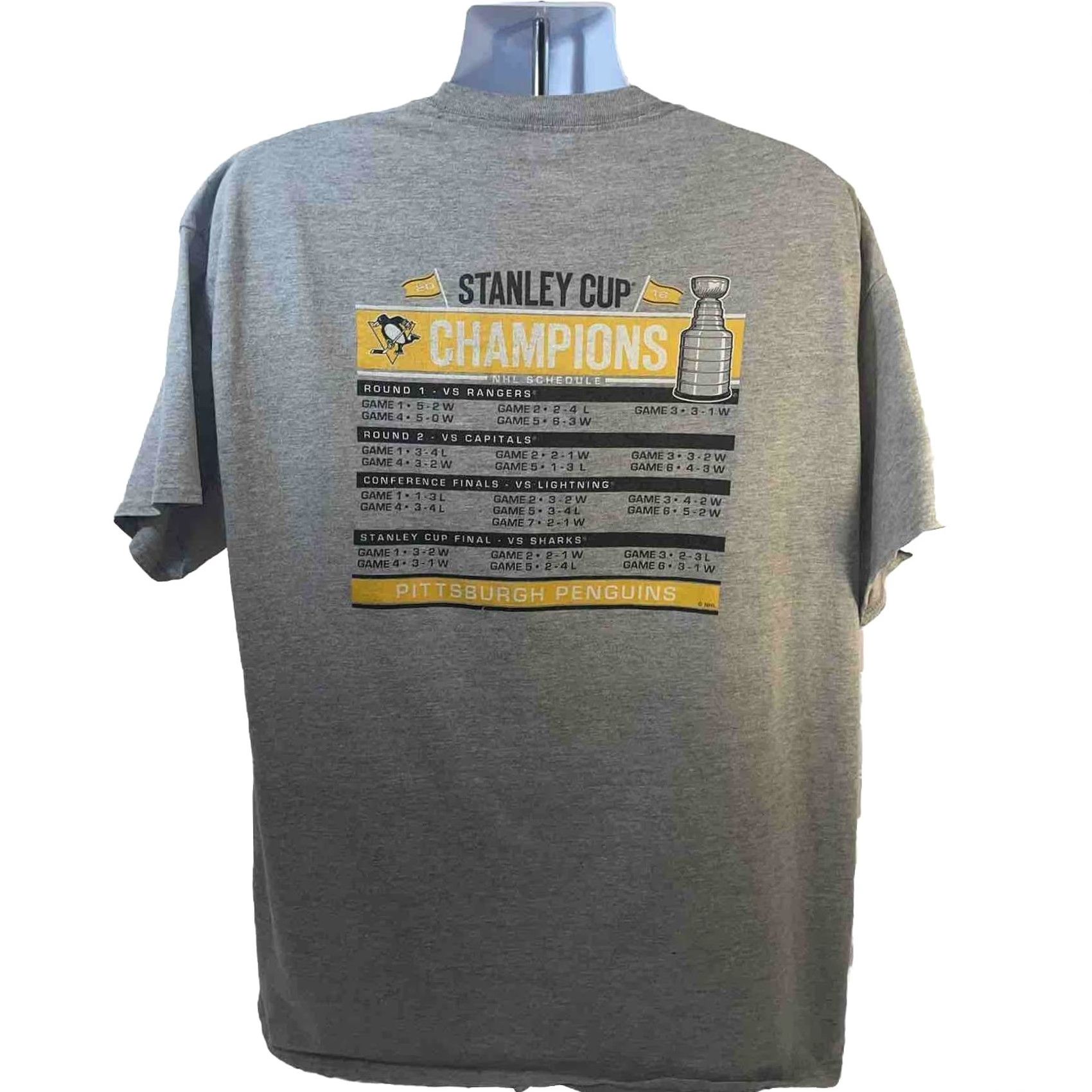 Champion Pittsburgh Penguins Shirt Men XL 2016 Champions Heather Gray Double Sided Graphic Print Crew Neck Short Sleeve Cotton Knit Vintage? No Size US XL / EU 56 / 4 - 4 Thumbnail