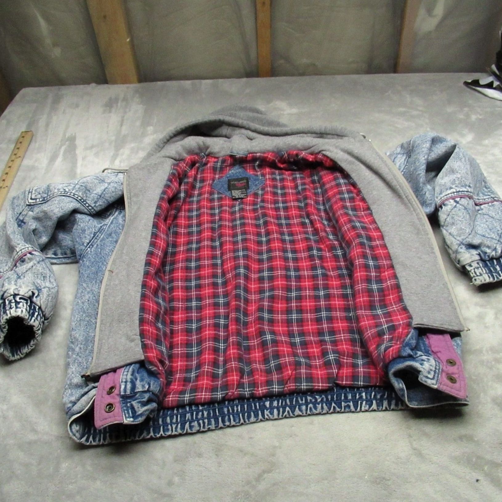 Denime VTG Weathered Denim Jacket Women Large Blue Acid Wash Plaid Lined Hooded 80s Size L / US 10 / IT 46 - 3 Thumbnail