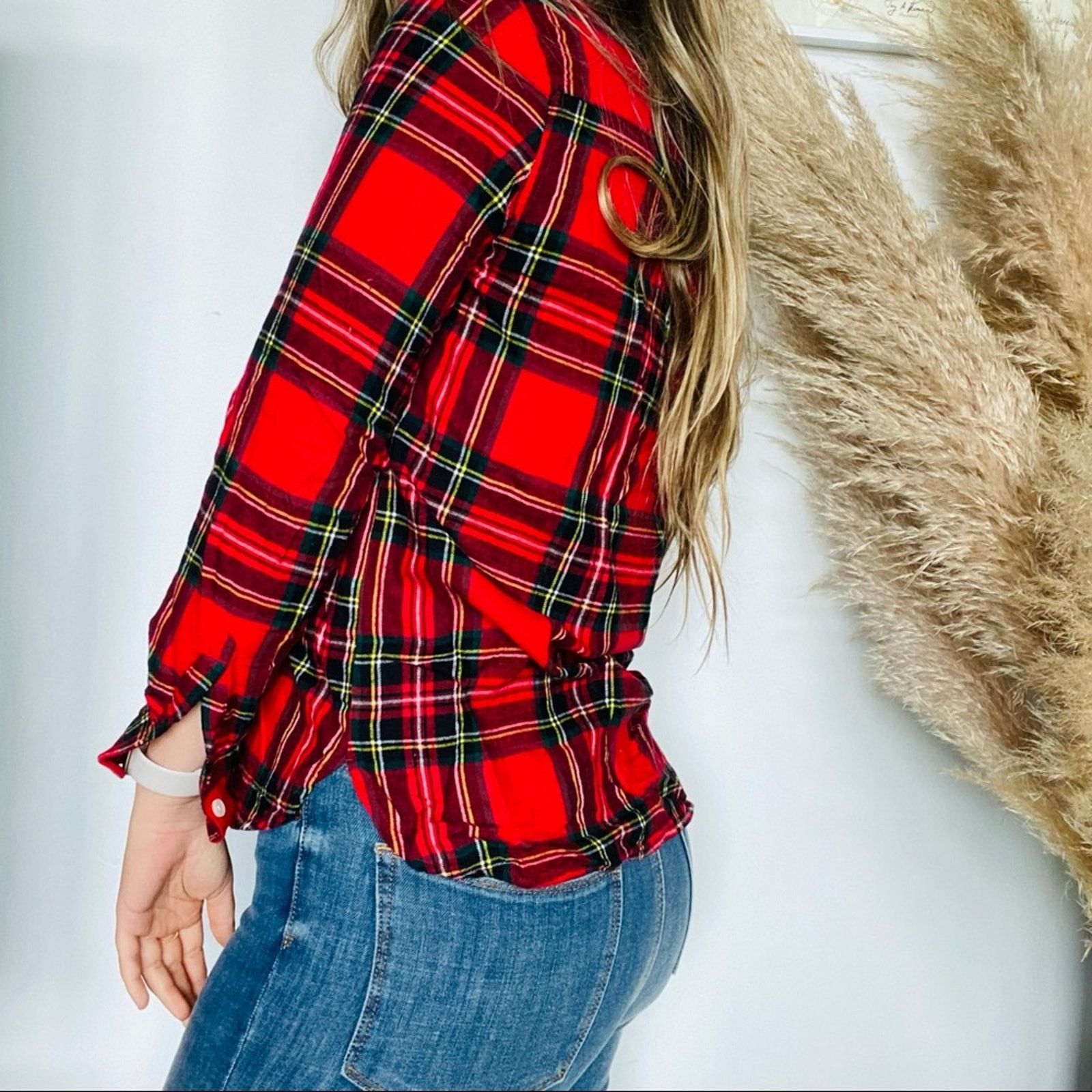 Old Navy OLD NAVY Red White Green Plaid Flannel Button Shirt Top Size S / US 4 / IT 40 - 4 Thumbnail