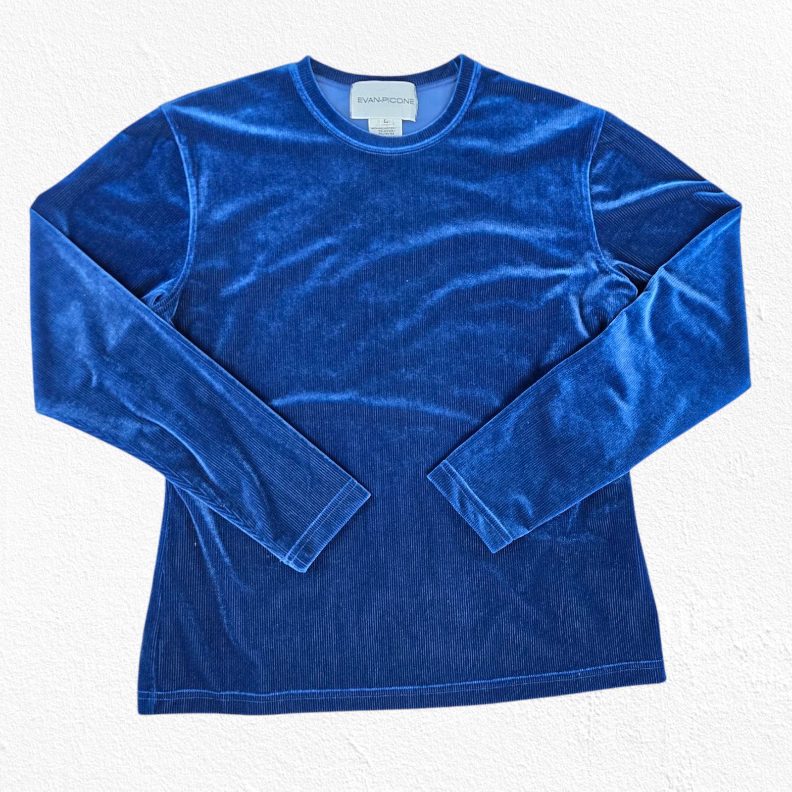 Evan Picone 1990s Evan Picone Blue Ribbed Velvet Y2K Glam Top Size Large Size L / US 10 / IT 46 - 2 Thumbnail