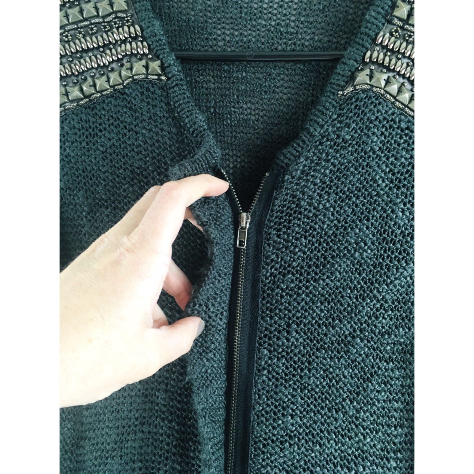 Vintage Mystree Sweater Cardigan Women M Gray Beaded Zip Up Ribbed Cuff Boho Knit Long Sleeve Full Zip Womens Size M / US 6-8 / IT 42-44 - 6 Thumbnail