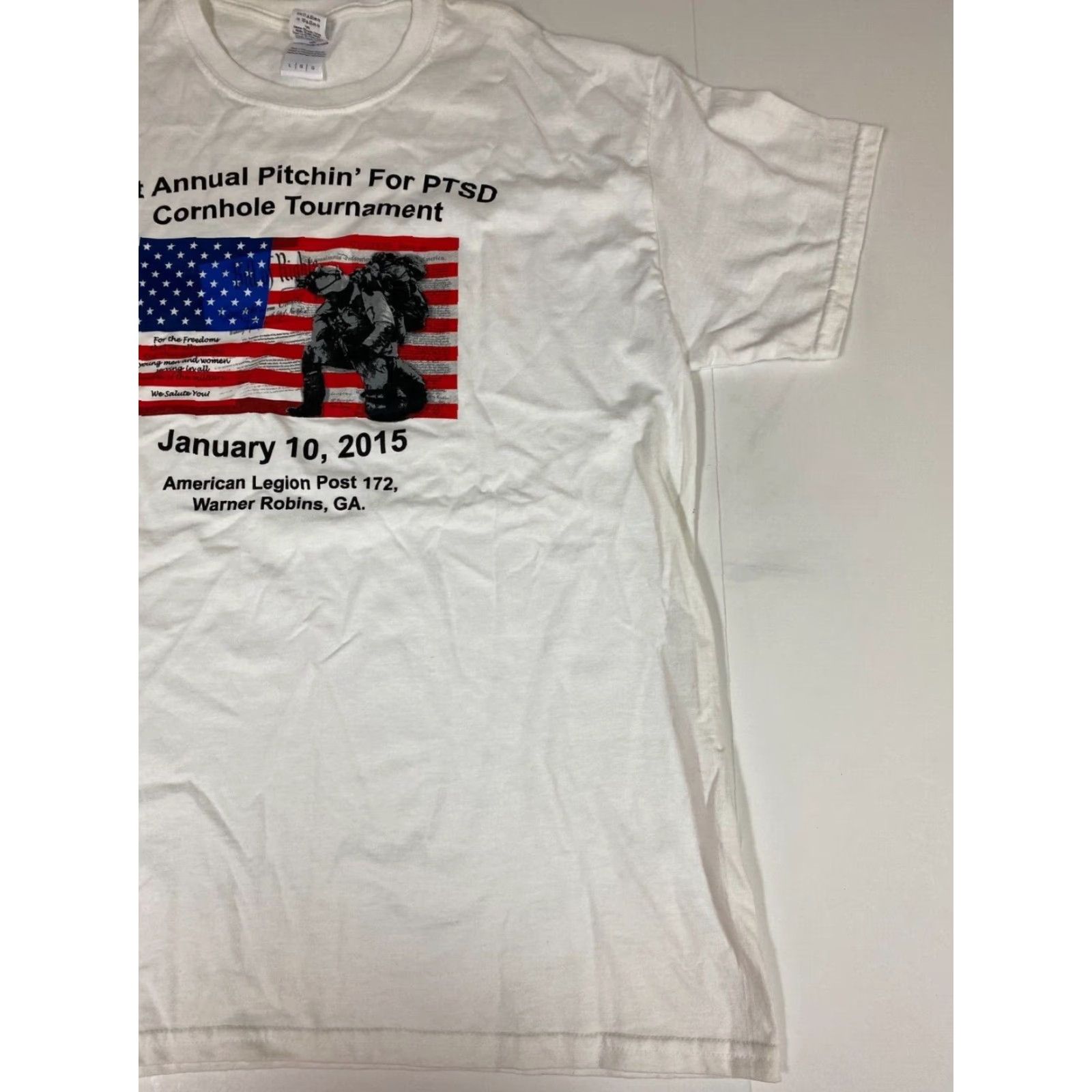 Gildan Gildan Mens T-Shirt Cornhole Tournament White Large Short Sleeve Crew Neck Logo Stretch Classic PTSD Twin Forks Boys? Size US L / EU 52-54 / 3 - 2 Thumbnail