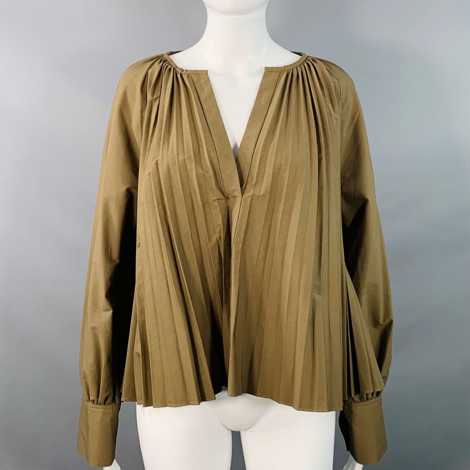 Proenza Schouler Size 6 Monica Brown Cotton Blend Pleated V-Neck Blouse Size M / US 6-8 / IT 42-44 - 1 Thumbnail