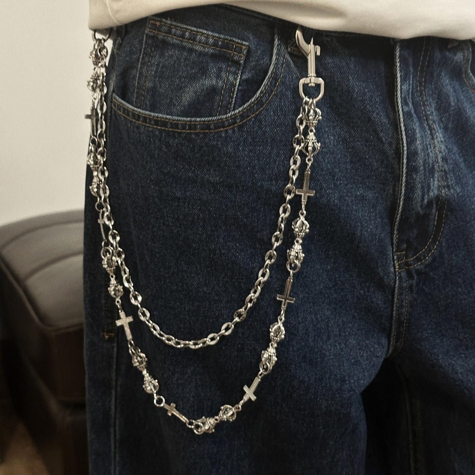 Jewelry Silver Cross Chain Wallet Chain, Gothic Punk Accessory Size ONE SIZE - 1 Thumbnail