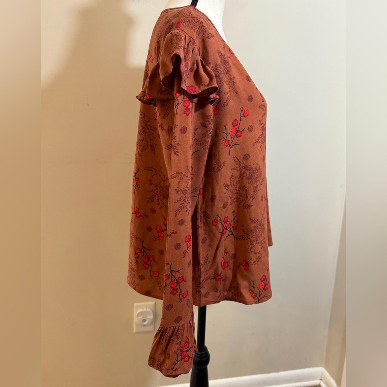 Other Hem & Thread brown red floral ruffled shoulder top SZ SM Size S / US 4 / IT 40 - 2 Thumbnail