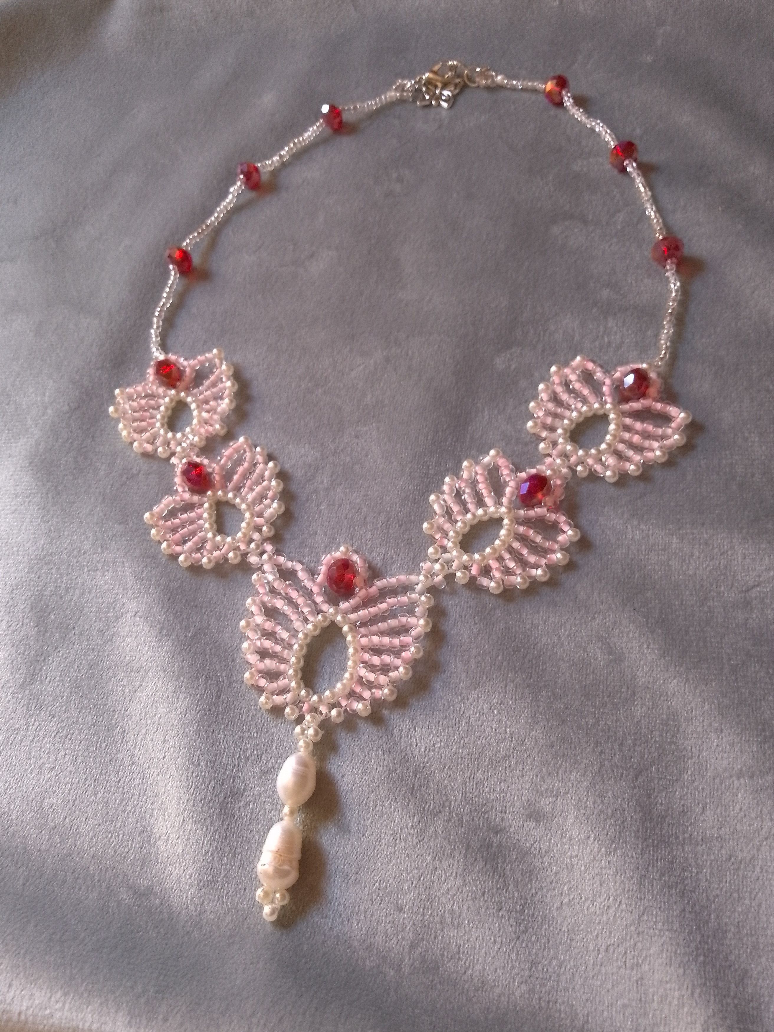 Handmade Necklace Pink lotus flowers with crystal& freshwater pearls Size ONE SIZE - 13 Thumbnail