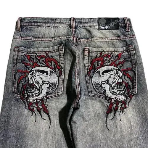Japanese Brand Street Women Skull Embroidered Loose Fit Jeans Size 34" / US 12 / IT 48 - 4 Thumbnail
