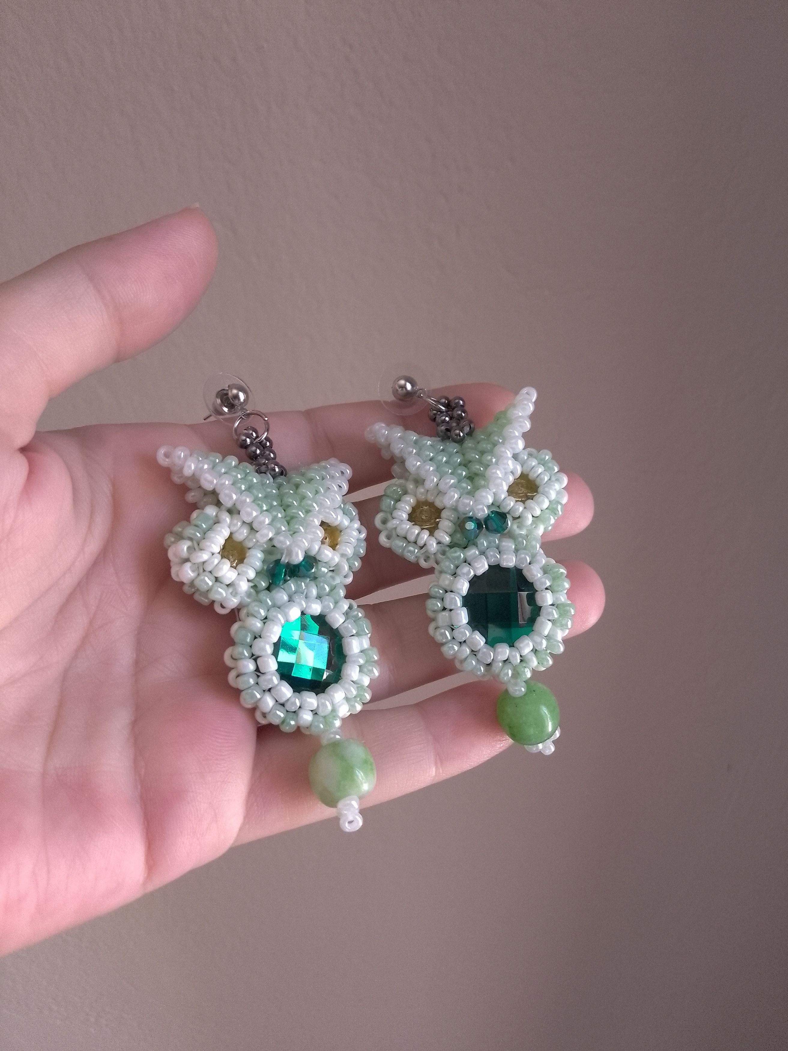 Handmade Owl dangling earrings with precious gemstones and zirconia Size ONE SIZE - 4 Thumbnail