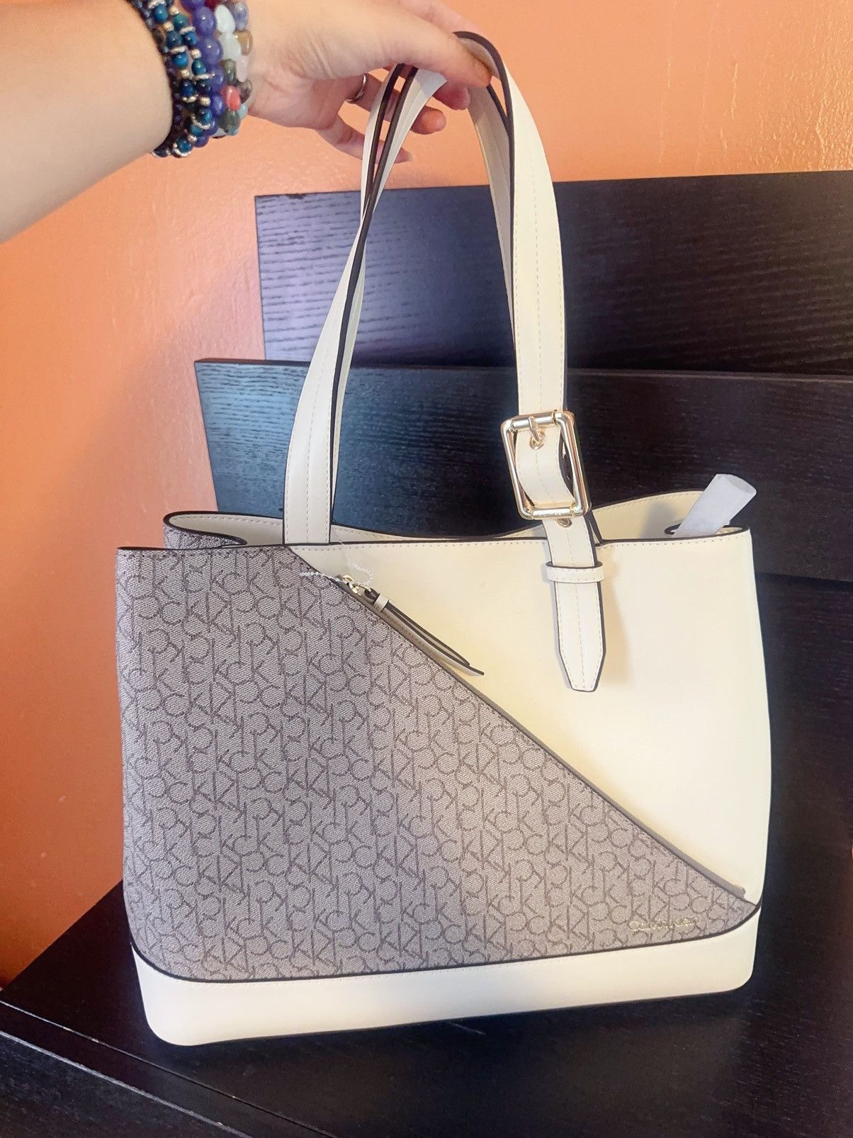 Calvin Klein Beige Logo Signature Triple Compartment Satchel - Main Image