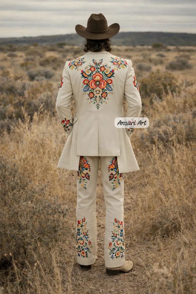 Other Men 3PC Customized Floral embroidery western Nudie Outfit Size 44L - 3 Thumbnail