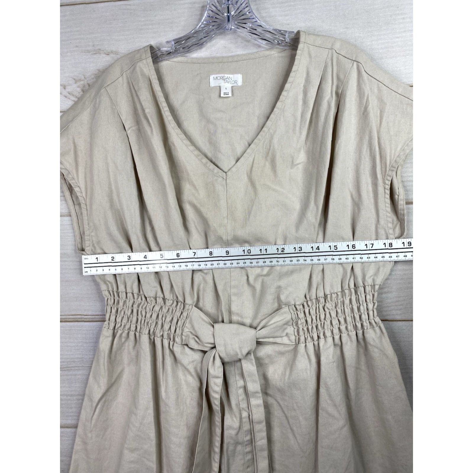 Vintage Morgan Taylor Dress Womens L Beige Linen Blend Elastic Waist Tie V Neck Midi Shirt Size L / US 10 / IT 46 - 4 Thumbnail