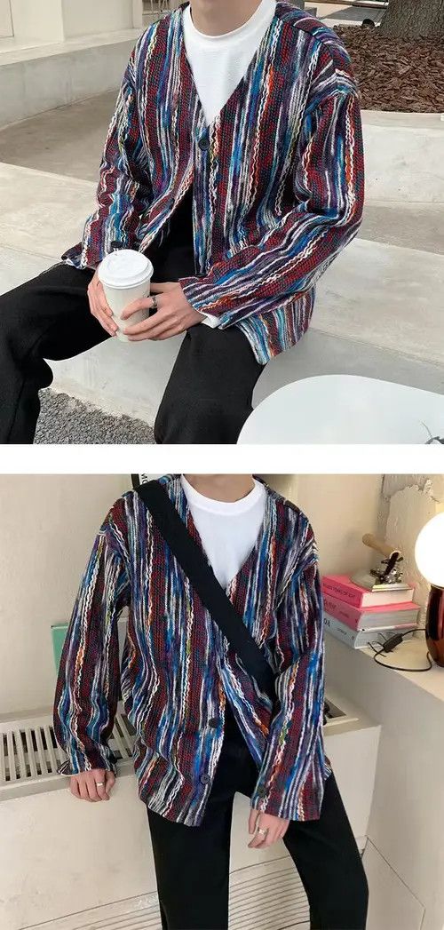 VIBE Burgundy Blue Raw Stripped Pattern Knit Cardigan Sweater Size US M / EU 48-50 / 2 - 7 Thumbnail