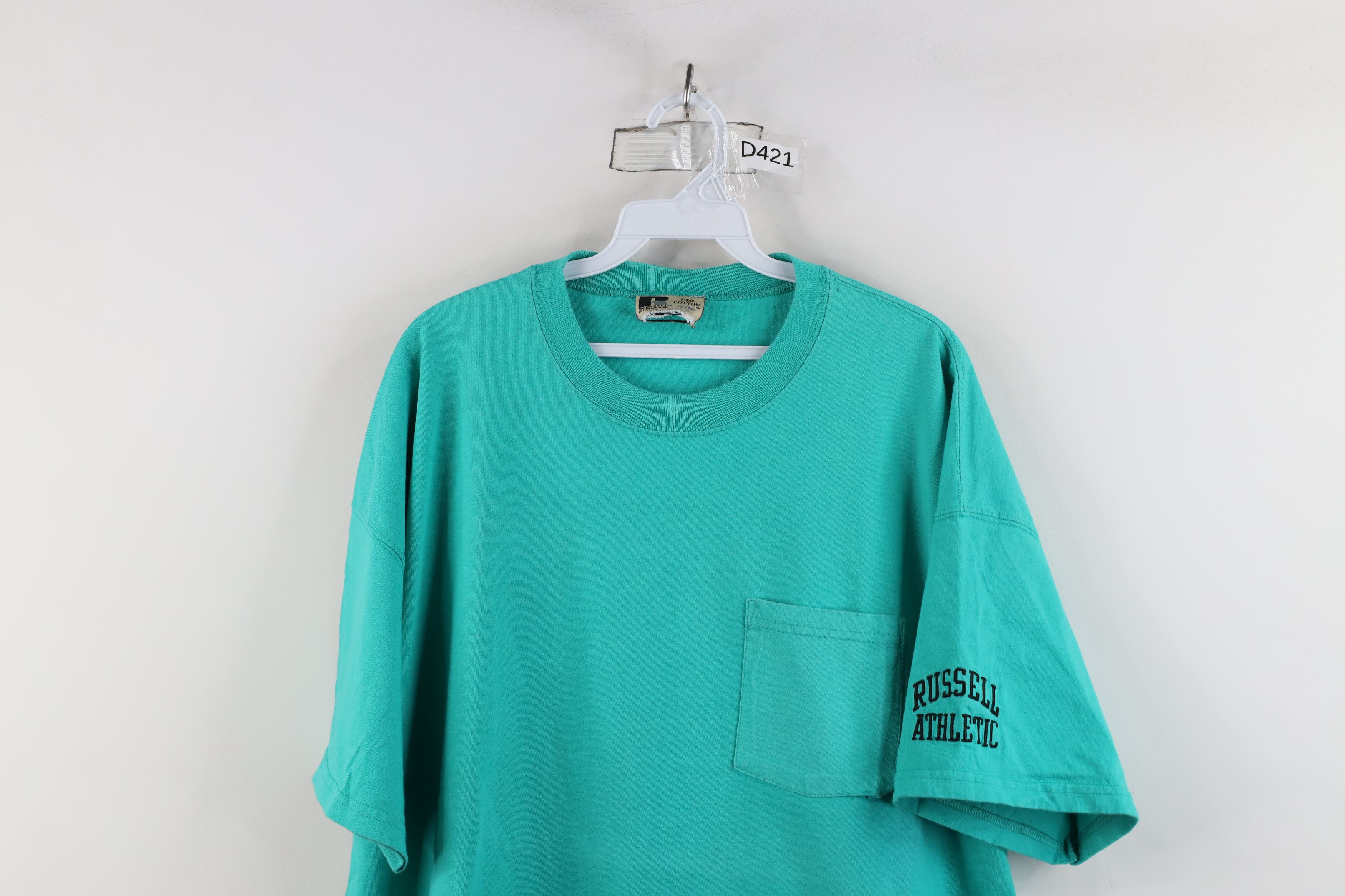 Russell Athletic × Vintage Vintage 90s Russell Athletic Heavyweight Cotton T-Shirt Teal Size US XL / EU 56 / 4 - 2 Thumbnail