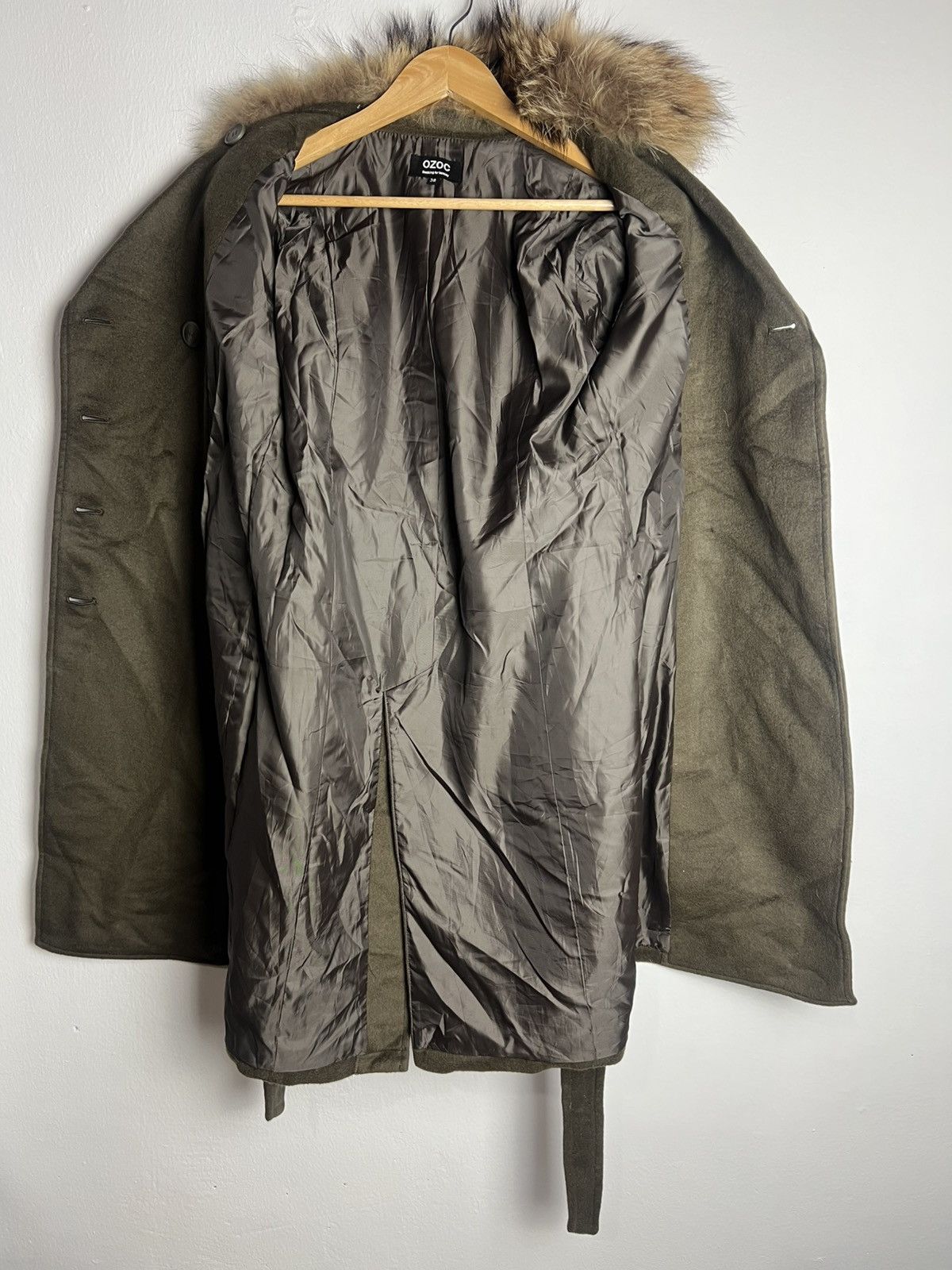Japanese Brand Ozoc Double Breasted Faux Fur Olive Green Trench Coat Size US S / EU 44-46 / 1 - 11 Thumbnail