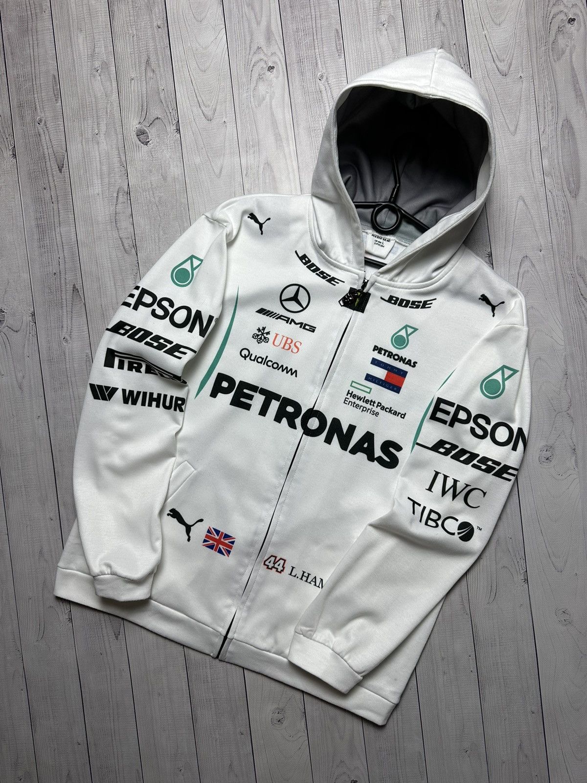 image of Mercedes Benz Racing Zip Hoodie Puma Petronas Size L Logo in White, Men's