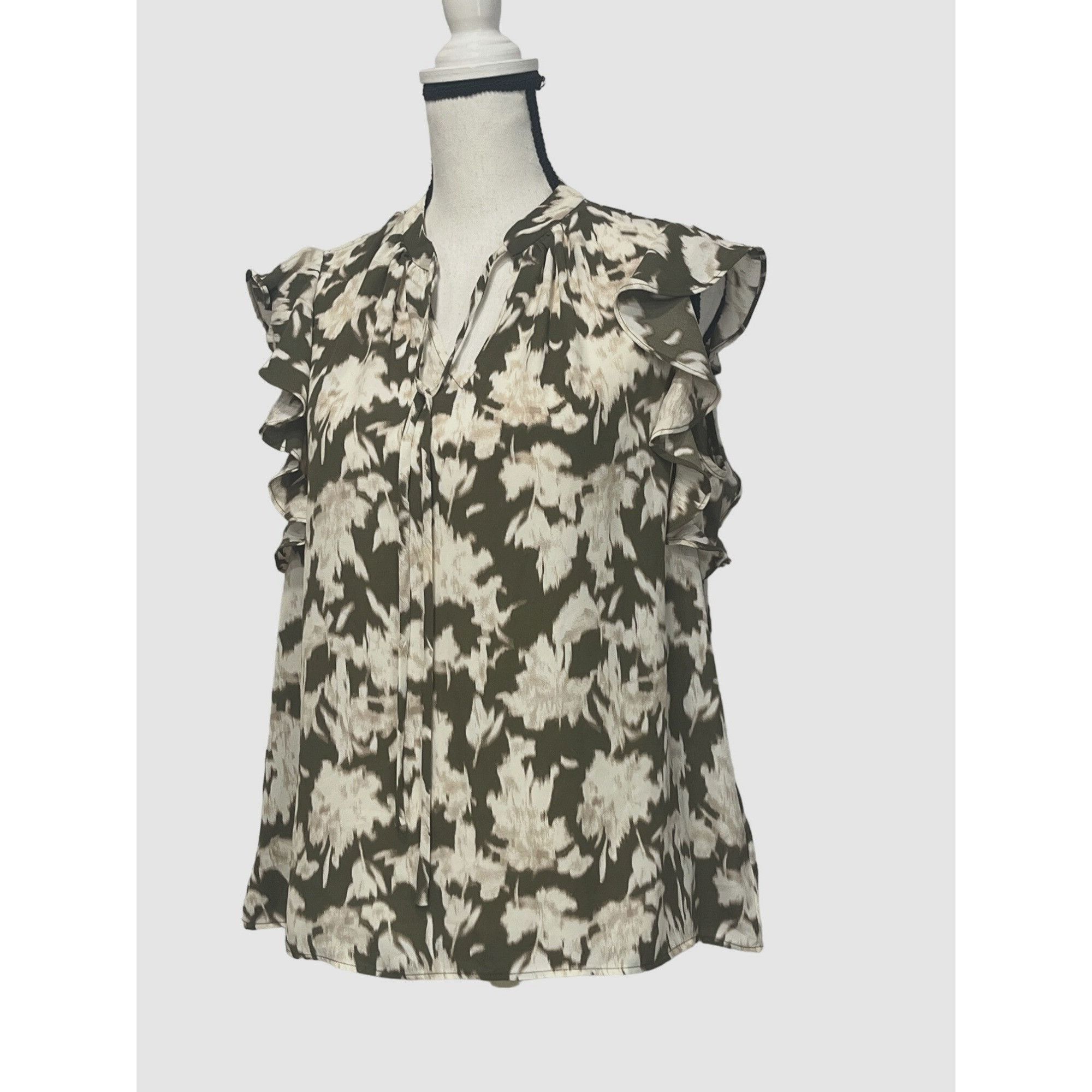 Other Nordstrom Rack Ruffle Sleeve Tie Neck Top, Olive Burnt-Ivory Size S / US 4 / IT 40 - 3 Thumbnail