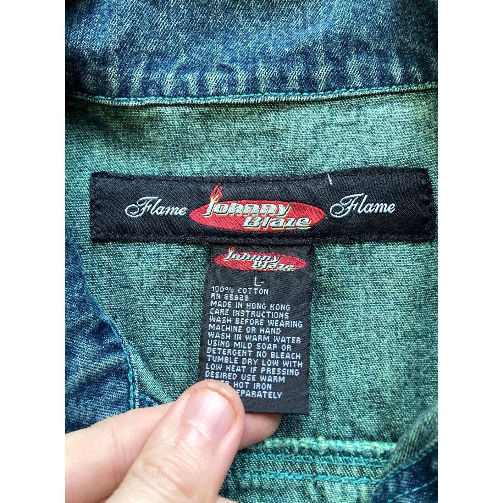 Denime VINTAGE Johnny Blaze Denim Jacket Womens Large Trucker Blue 90s Biker Casual Cotton Embroidered Logo Button Short Sleeve Size L / US 10 / IT 46 - 5 Thumbnail