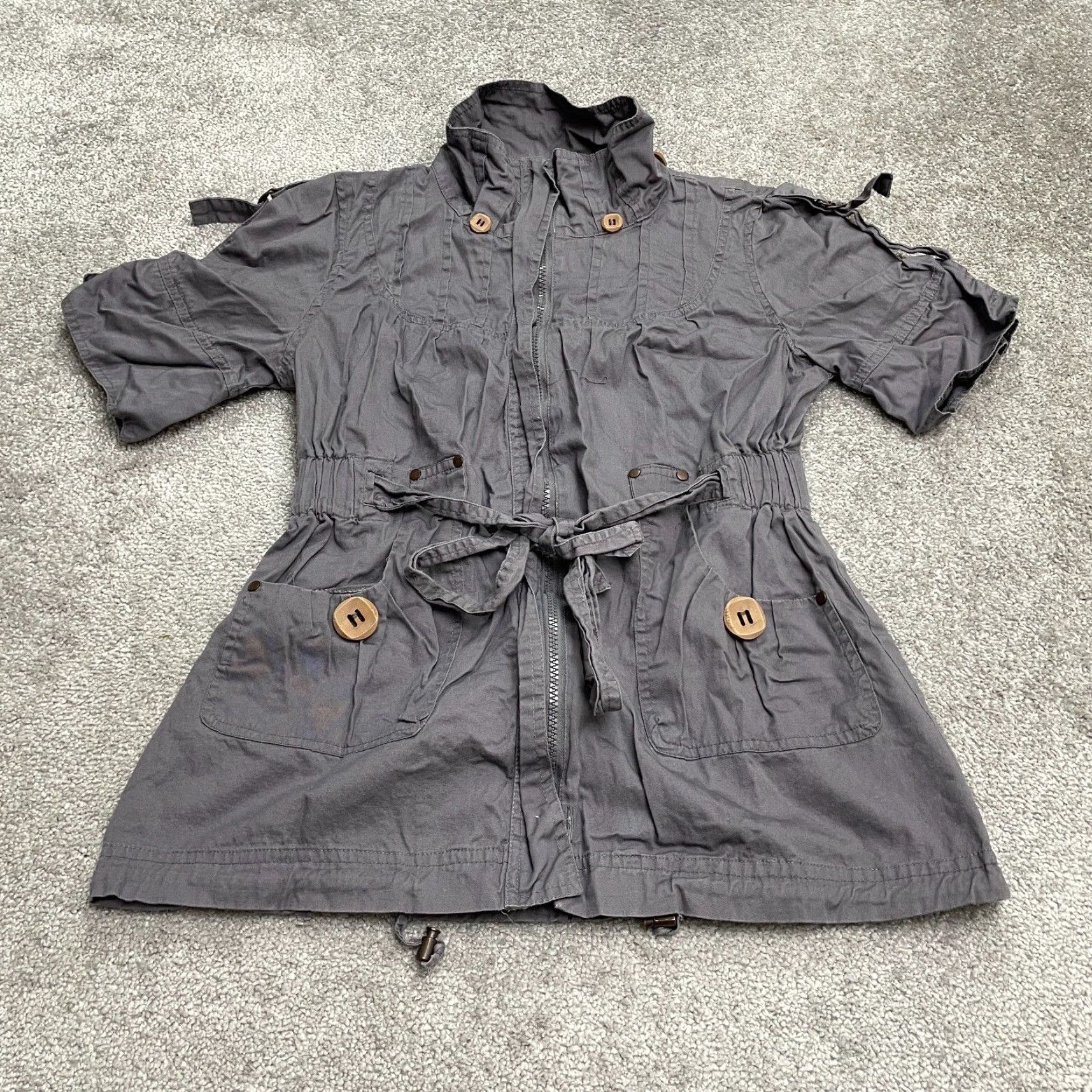 Vintage LAST KISS Jacket Womens L Gray Full Zip Belted Pockets Short Sleeve Casual Mid-Length All Seasons Size 36" / US 14 / IT 50 - 4 Thumbnail