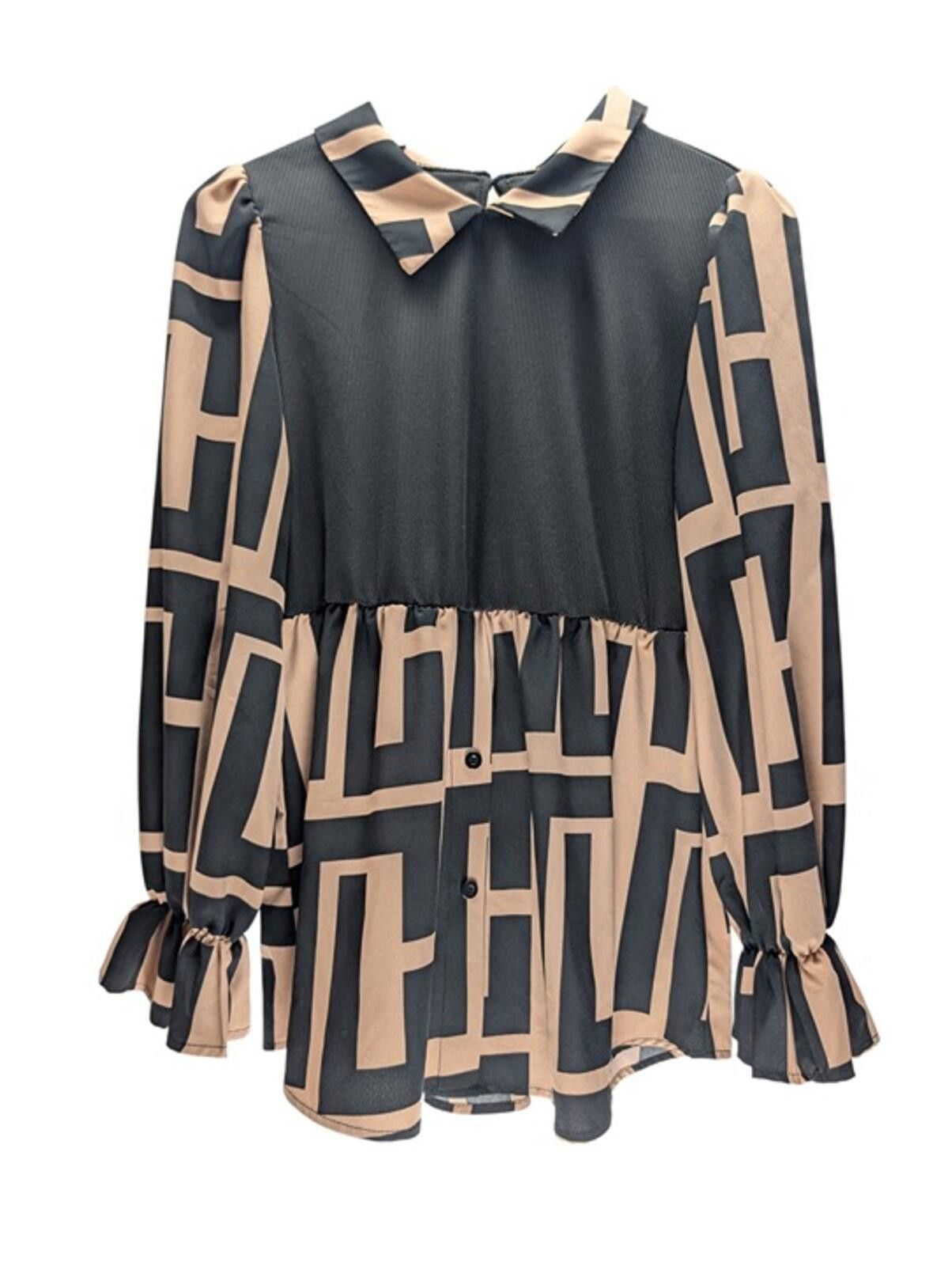 Shein SHEIN Blouse Women L Long Sleeve Ruffle Babydoll Black/Tan Size L / US 10 / IT 46 - 1 Thumbnail