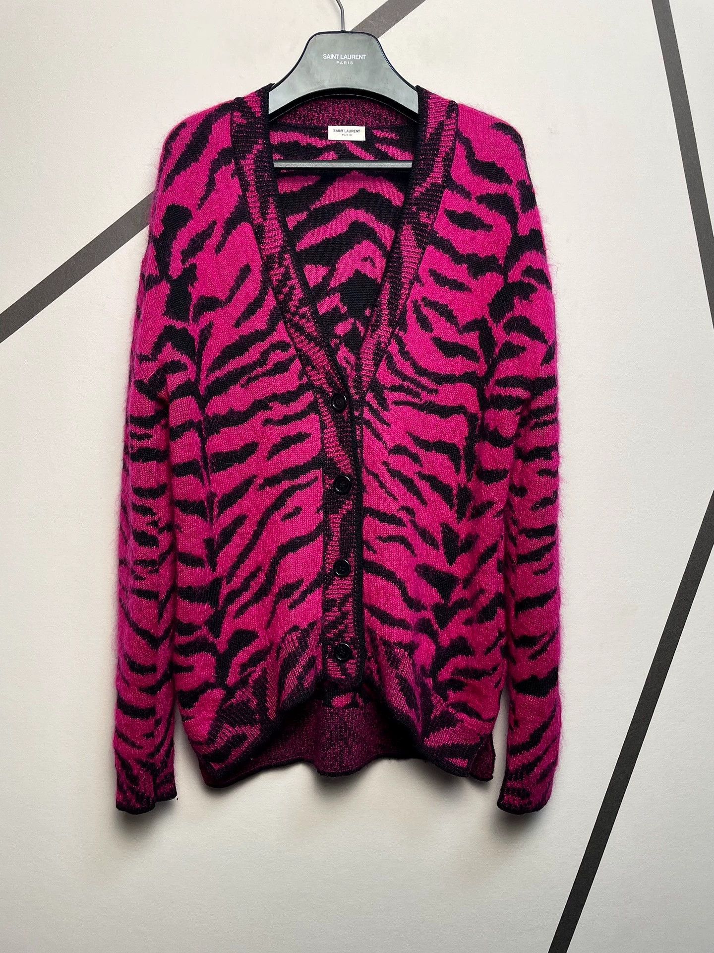 Saint Laurent Paris Saint Laurent SLP Rose Red Zebra Print Wool Mohair Cardigan Size US XS / EU 42 / 0 - 1 Thumbnail