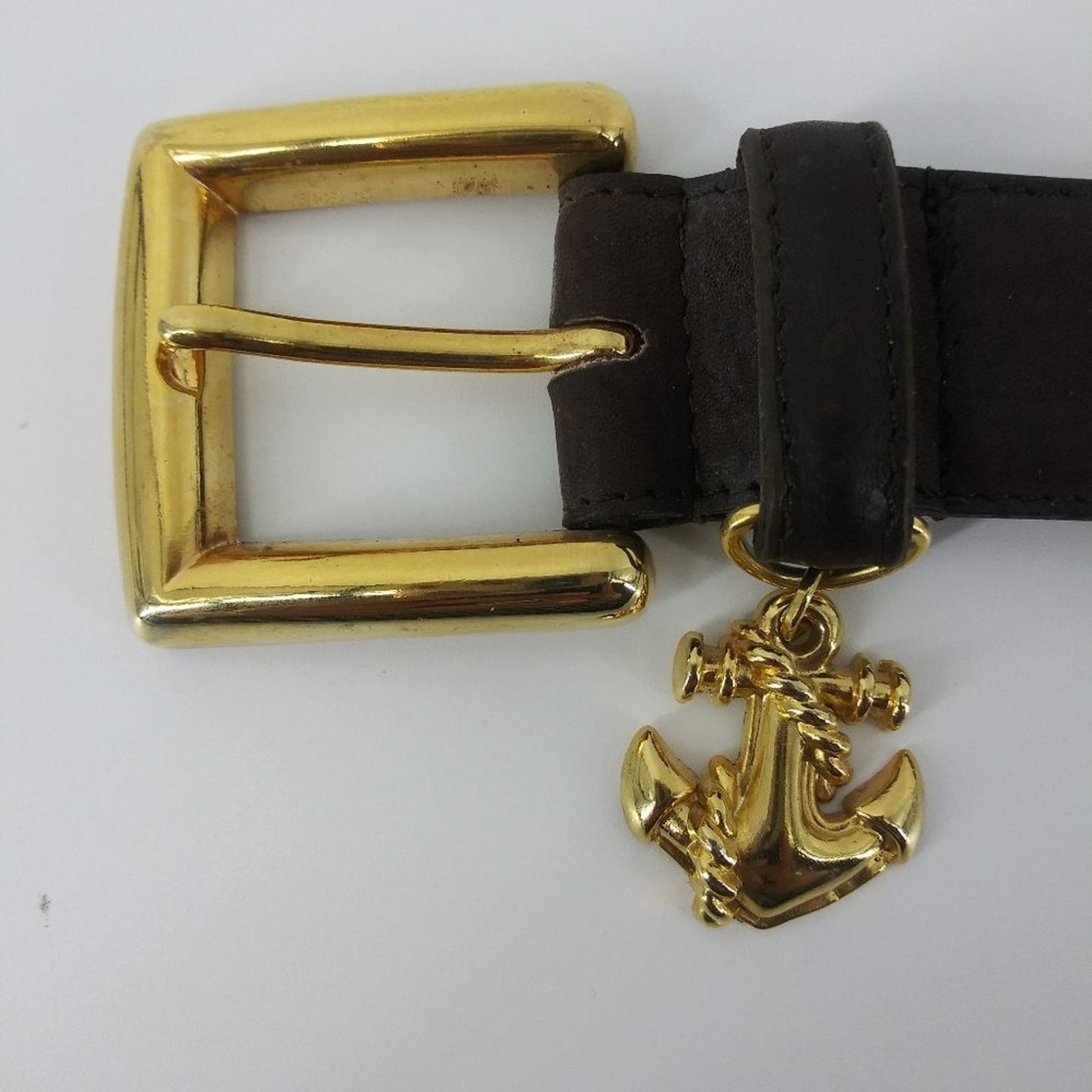 Vintage Women's Brown leather Belt Gold Buckle Anchor Nautical M L Size ONE SIZE - 4 Thumbnail