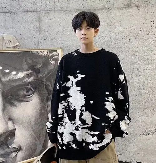 image of Vintage Abstract Print Knitware Knitted Sweater in Black, Men's (Size Large)