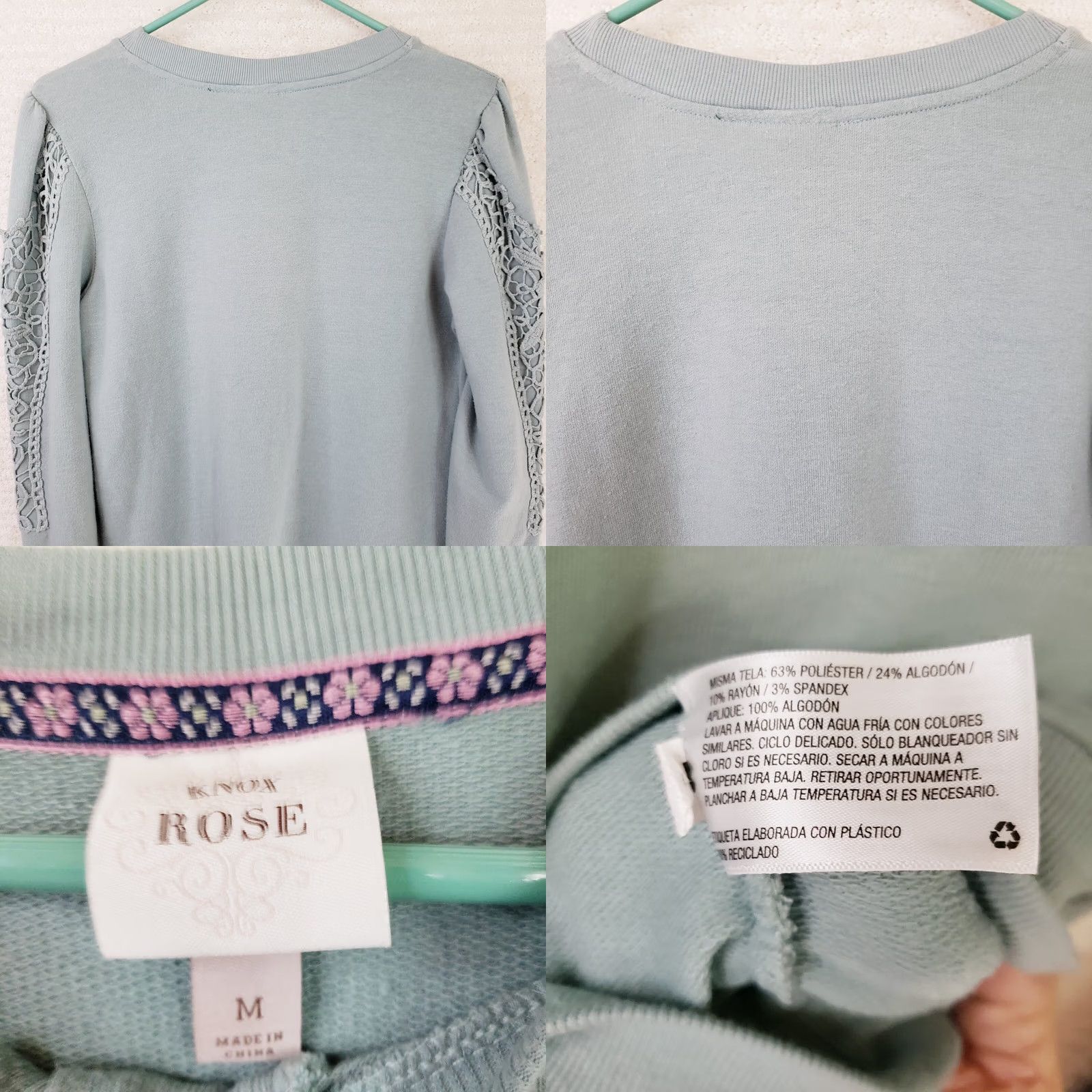 Vintage Knox Rose Women's M Green Top Shirt Boho Lace Sleeve Jersey Material Size M / US 6-8 / IT 42-44 - 8 Thumbnail