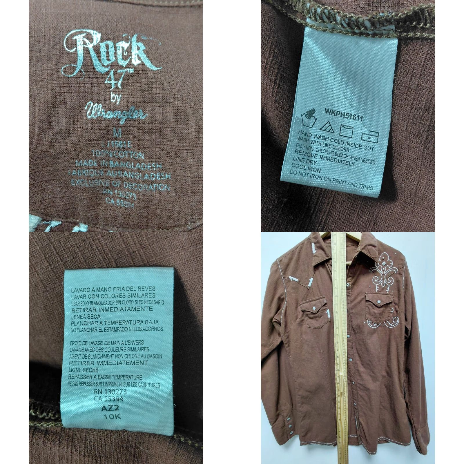 47 Rock 47 by Wrangler Embroidered Western Shirt Brown Solid Woven Size M Size US M / EU 48-50 / 2 - 8 Thumbnail