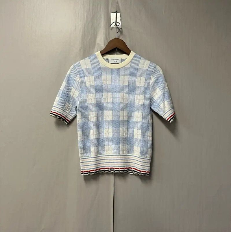 Thom Browne Blue Wool Sweater with Check Pattern 0089