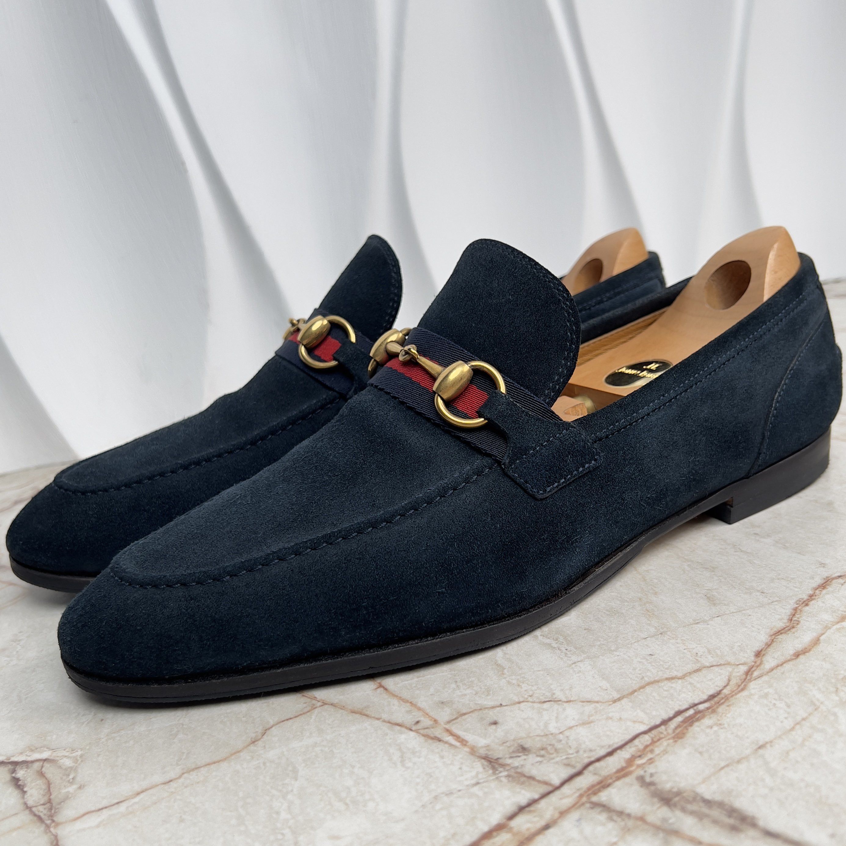 Gucci Iconic Jordaan Web Horsebit Loafers Navy Blue Suede 