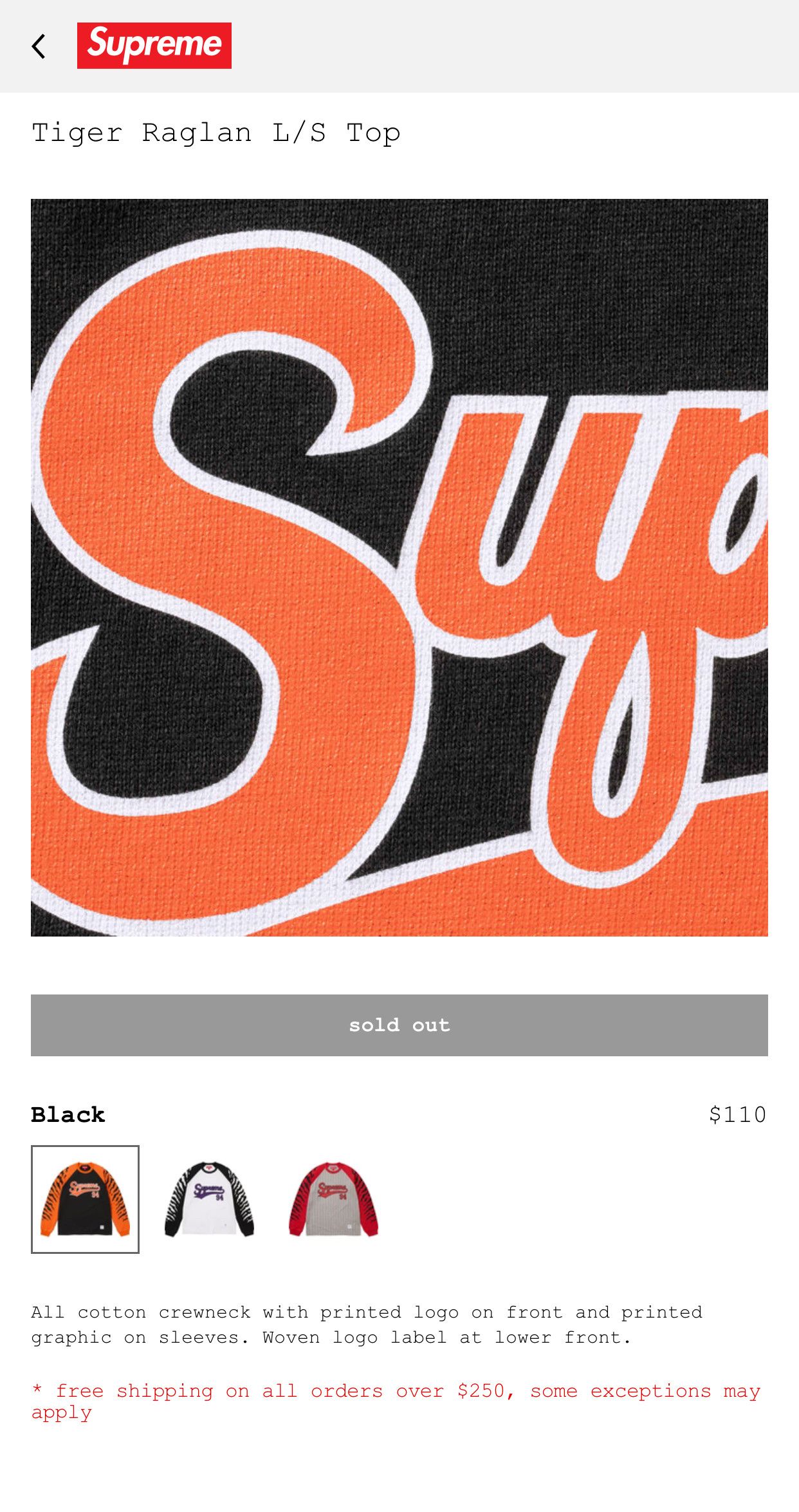 Supreme Supreme Tiger Raglan L/S Top Size US M / EU 48-50 / 2 - 5 Thumbnail