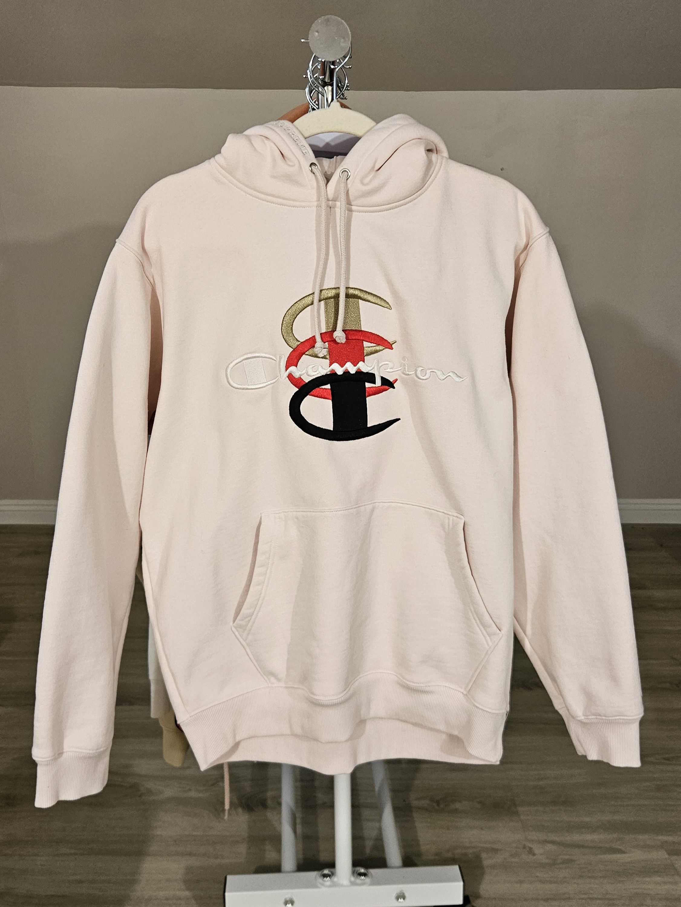 Champion × Supreme Supreme Champion Satin logo hoodie (PINK) | Grailed