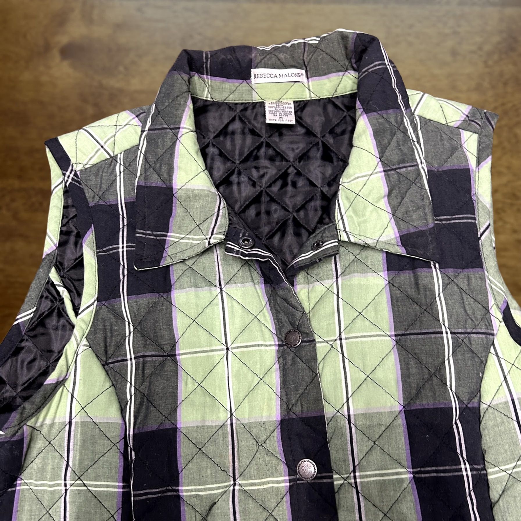 Vintage Rebecca Malone Vest Womens Medium Green Plaid Quilted Snap Front Collared Lined Size M / US 6-8 / IT 42-44 - 1 Thumbnail