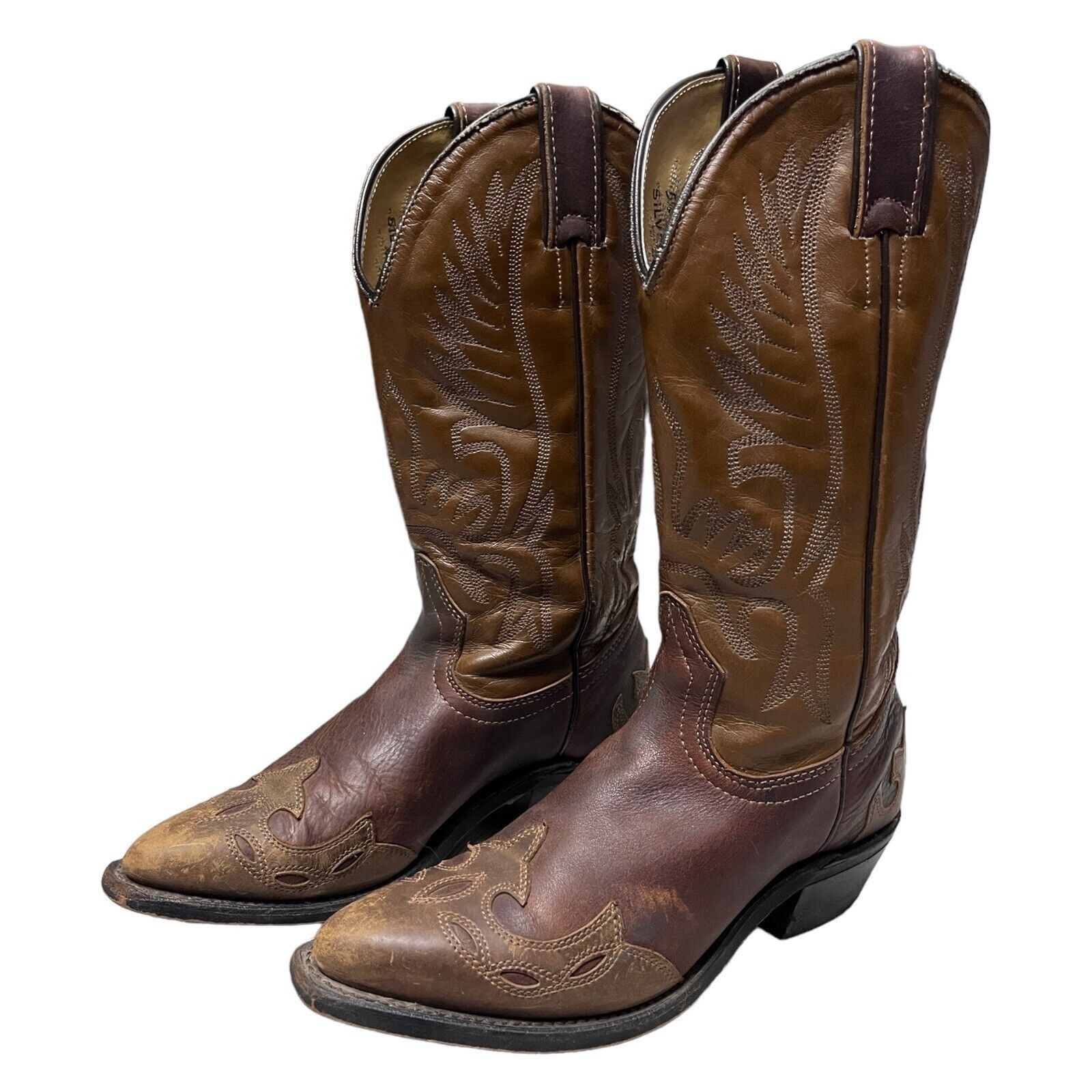 image of Vintage Genuine Leather Floral Brown Western Cowboy Boots, Women's (Size 5.5)