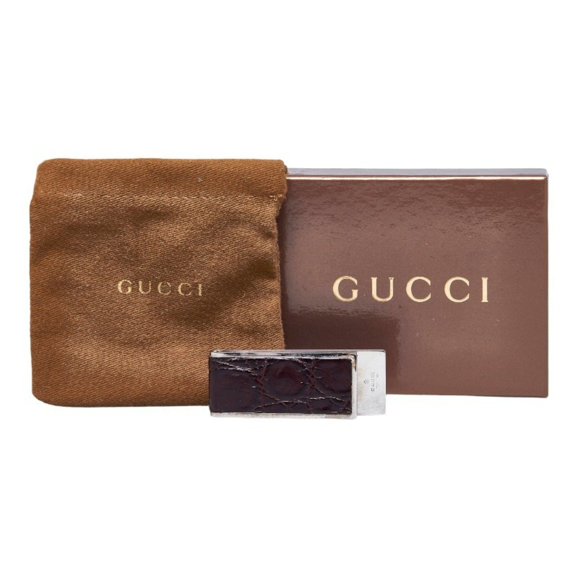 image of Gucci Embossed Money Clip Silver Brown Metal Leather Men's in Black