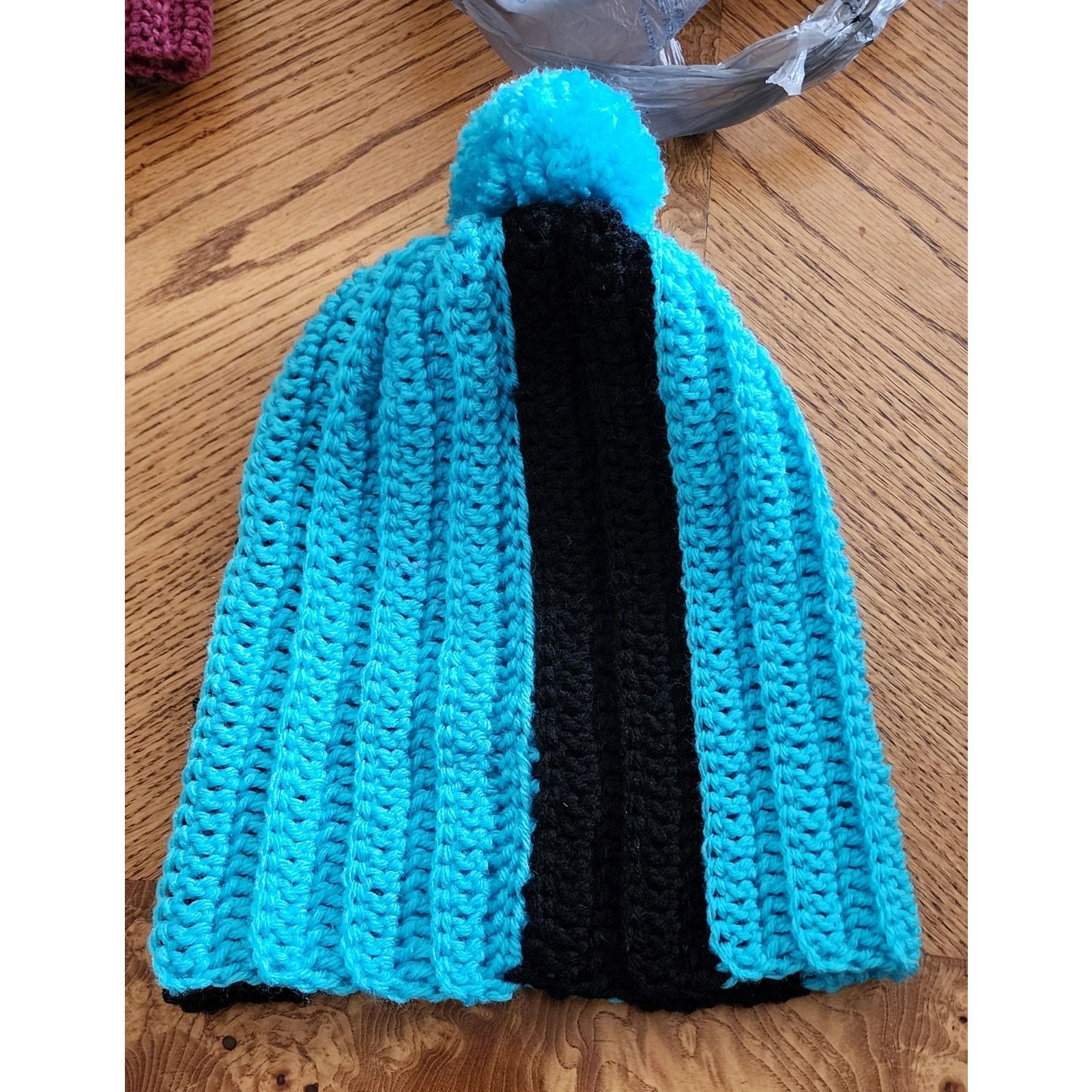 Handmade Handcrafted crocheted blue and black winter beanie. Size ONE SIZE - 5 Thumbnail
