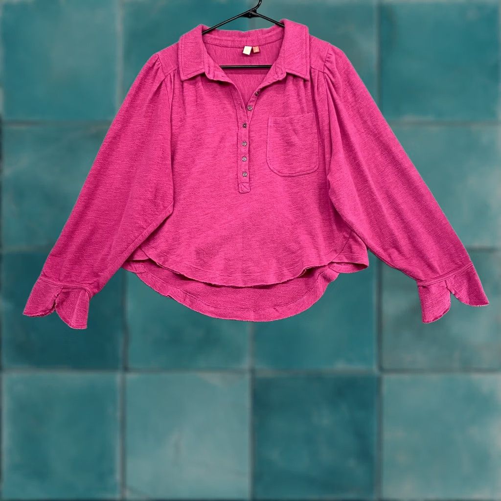 Vintage Pilcro Boxy Puff Sleeve Henley Top Womens Medium Pink Terry Cropped Oversized Relaxed Vince? Size M / US 6-8 / IT 42-44 - 1 Thumbnail