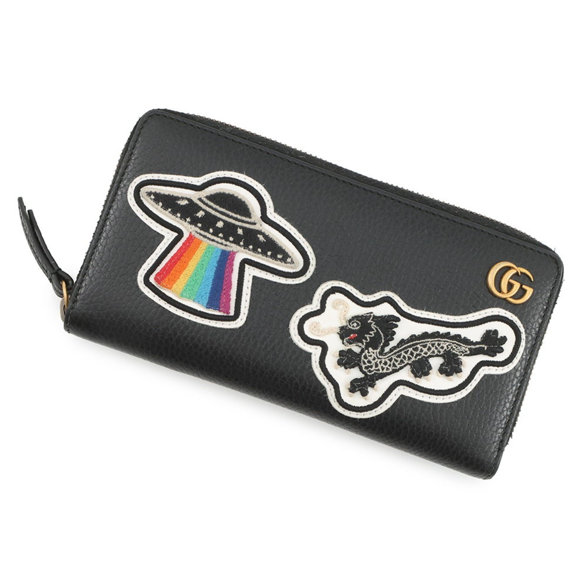 Gucci GG Marmont Patch Leather Long Wallet 474584 Round GUCCI UFO Dragon Black