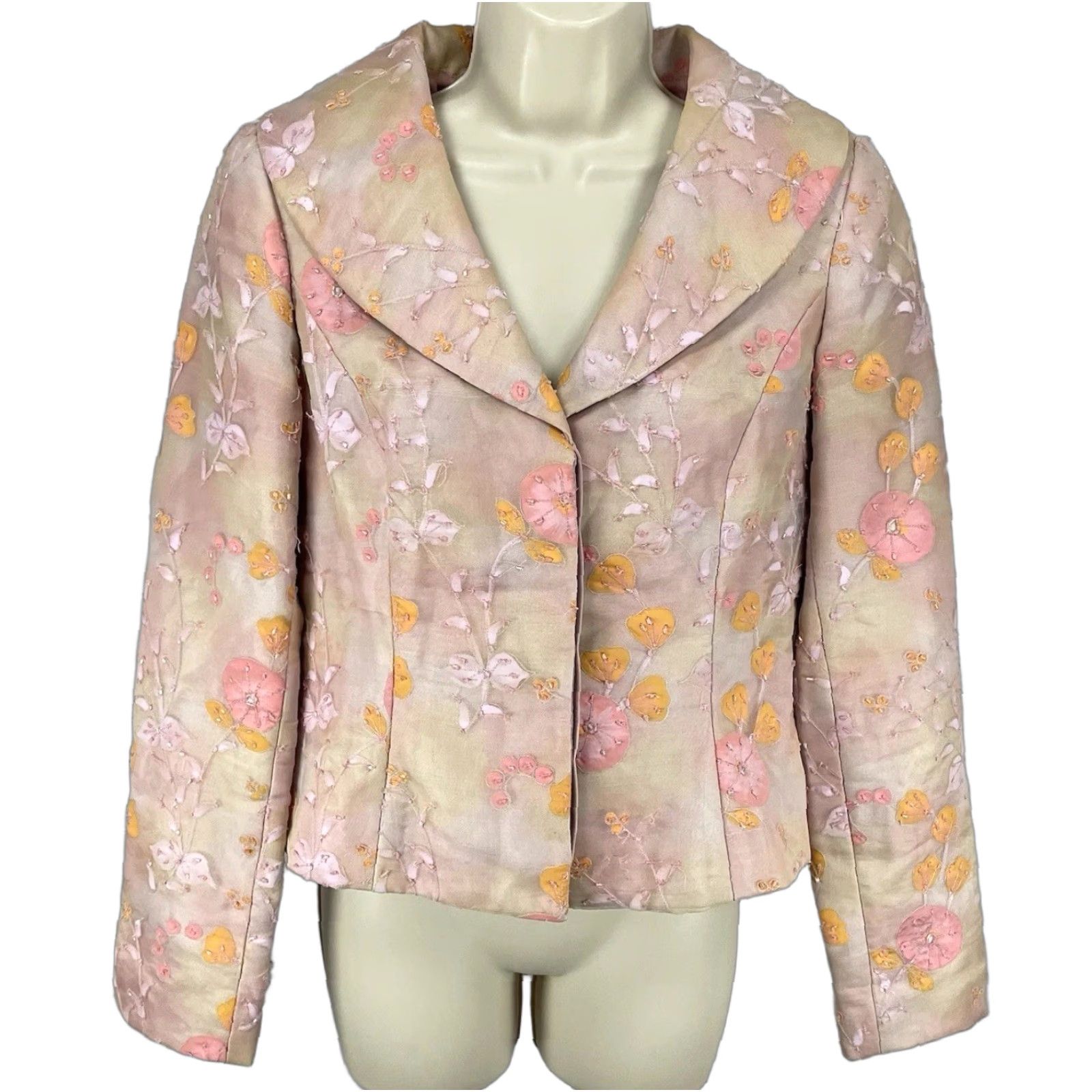 Vintage Shani Pink Floral Silk Chiffon Blazer Jacket Beaded Lined Button Blazer Women 6 Size M / US 6-8 / IT 42-44 - 1 Thumbnail